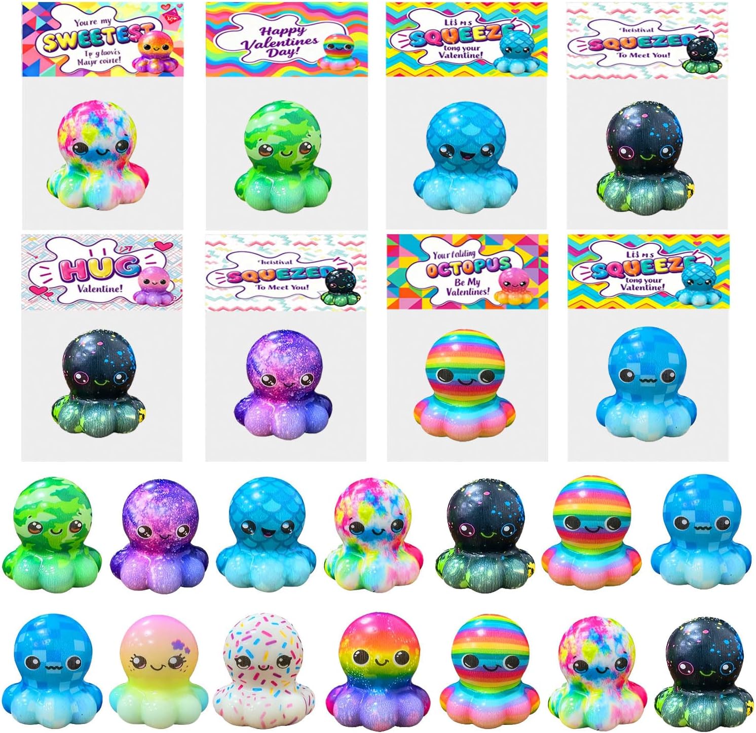 24 Pcs Valentines Day Gift Cards with Octopus Slow Squishy Toys Soft Stress Relief Squeeze Toys for Kids Boys Girls Valentines Party Favors Gifts Classroom School Exchange Prize