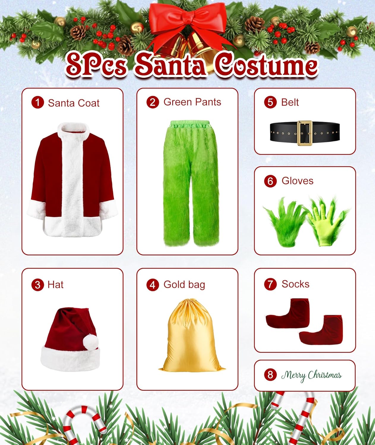 Halloween Costumes Adult Men Green Santa Costume, 8Pcs Furry Santa Suit Funny Christmas Santa Outfit - Image 2