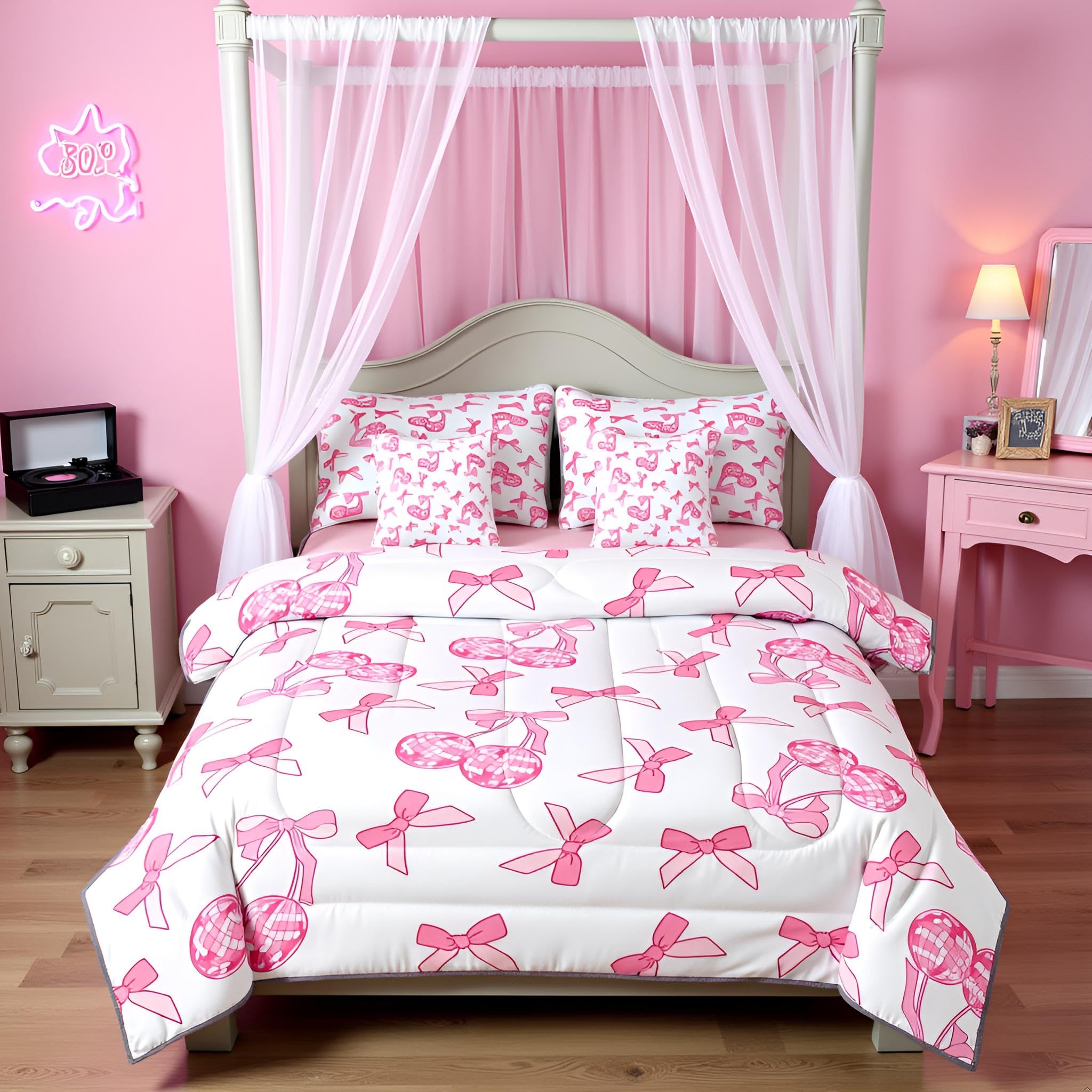 Nœud papillon et princesse rose sur cette parure de lit 7 pièces