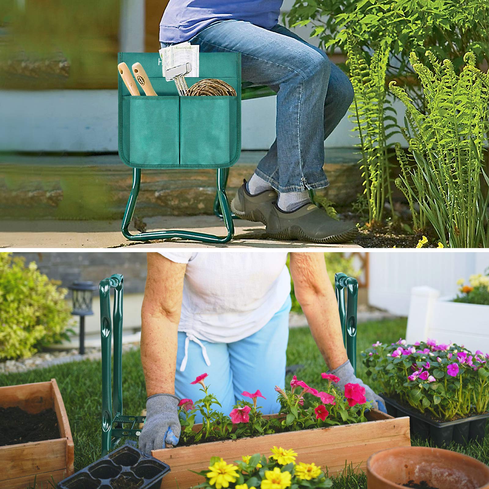 UISEBRT Banc de jardin pliable avec sac à outils pour le jardin et coussin en mousse EVA Jusqu'à 150 kg