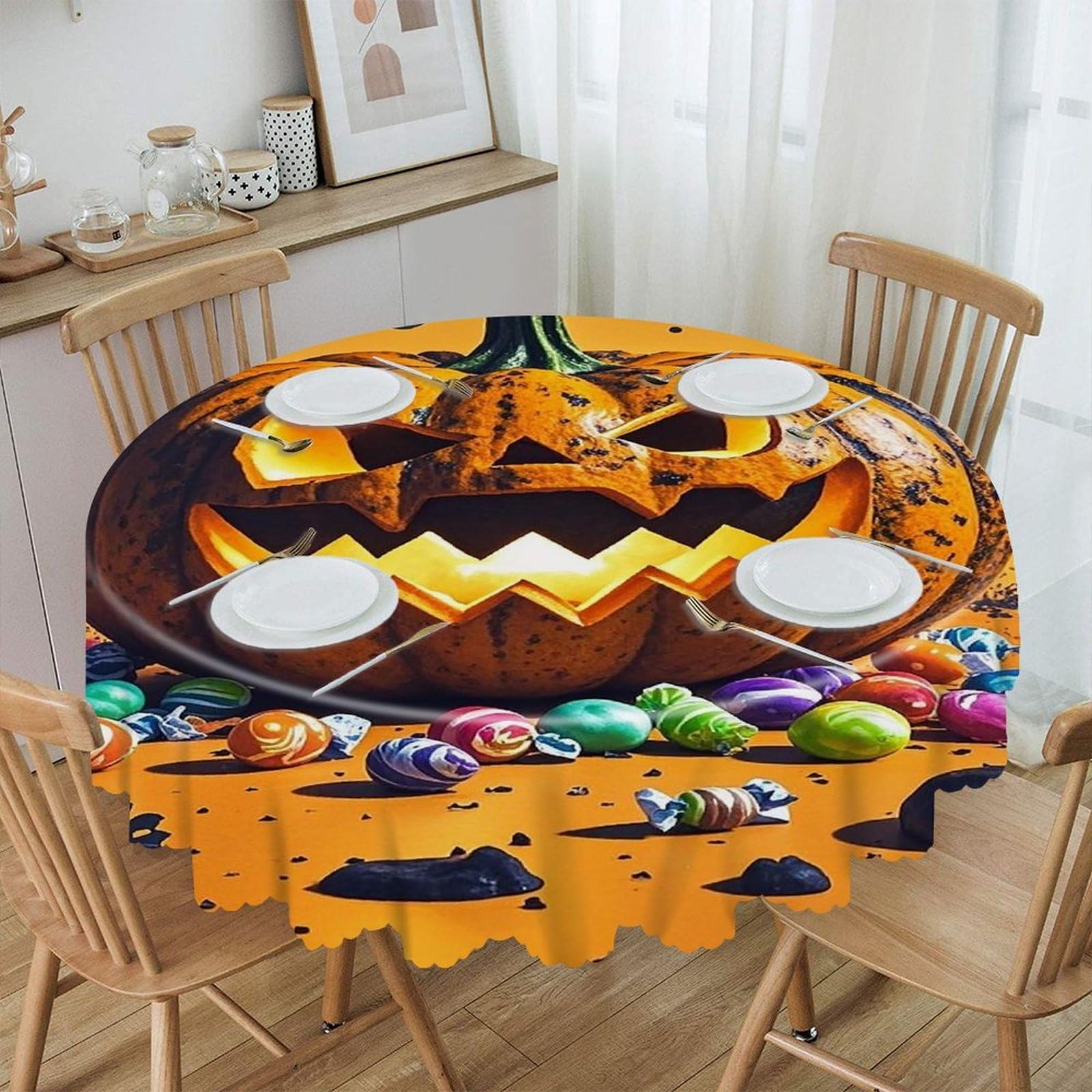 FekiLoot Halloween Pumpkin Monster Round Tablecloth 60 Inch Waterproof Heavy Duty Table Cloth Spillproof Washable Table Cover Wrinkle Resistant Tablecloths Decorative Table Cloths