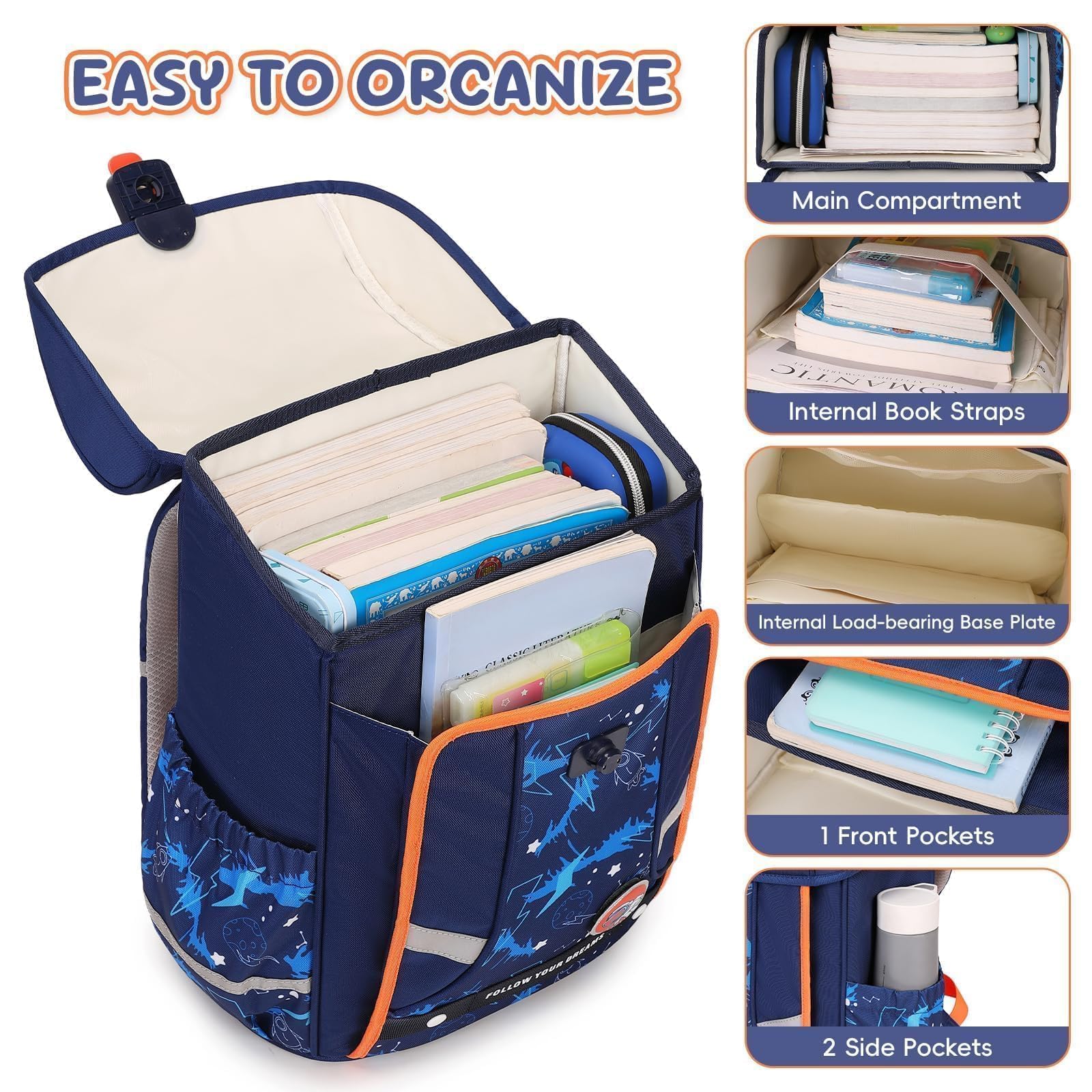 Amythe Set di Zaini 4 Pezzi | Zaino Ergonomico con Cintura Rimuovibile e Strisce Riflettenti, Zaino per Ragazzi 1-5° Anno Primaria, Tema Spazio