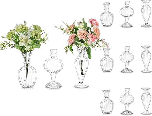 Miniatura 8 de Glasseam Jarrones pequeños de cristal: juego de 3 jarrones transparentes acanalados para centros de mesa, jarrones decorativos para flores, hechos a