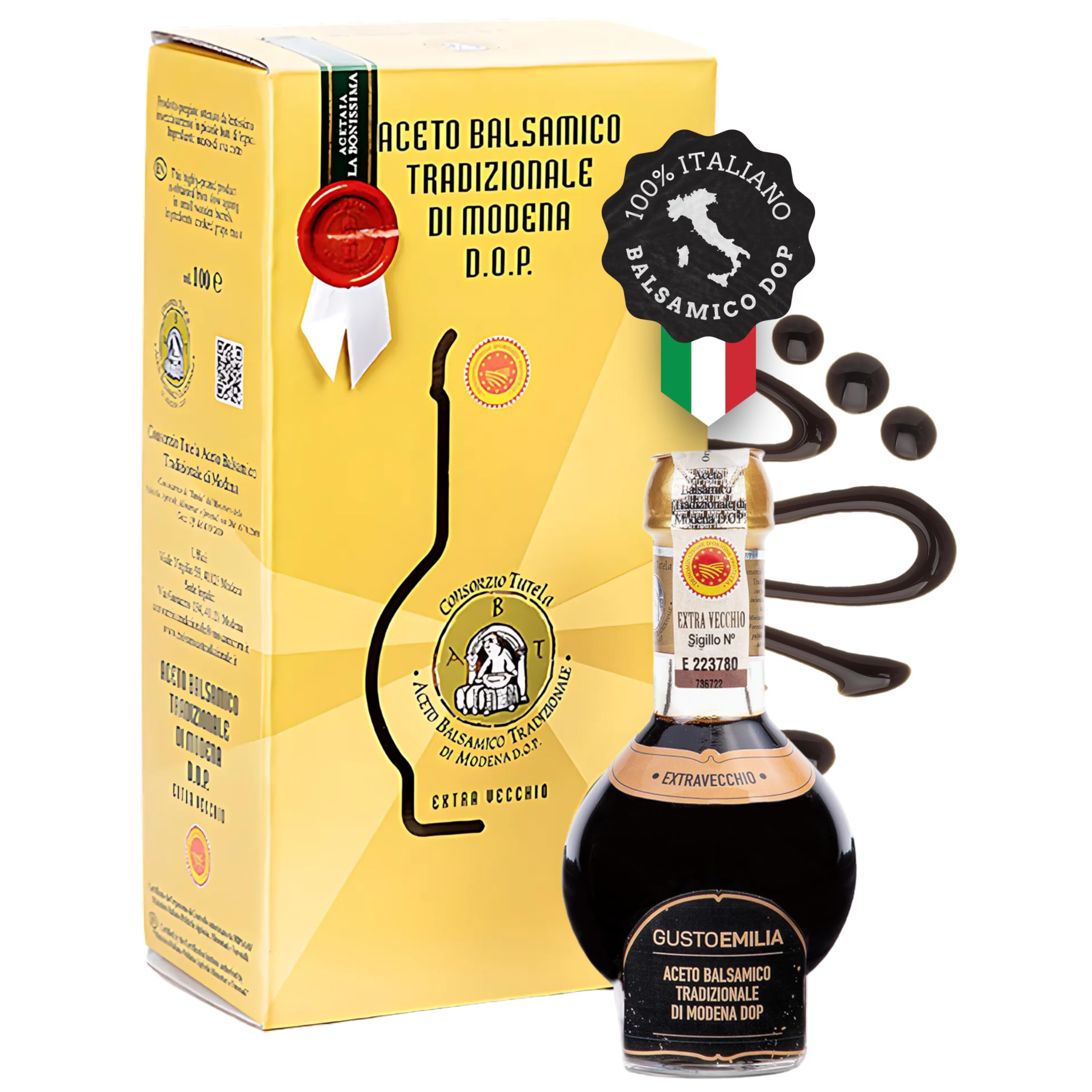 GUSTOEMILIA Vinaigre Balsamique Extra Vieilli 25 Ans de Modène IGP Italien - Accord Parfait avec le Parmigiano Reggiano Vieilli - Fabriqué en Italie 3,38 Fl Oz (100 ml)