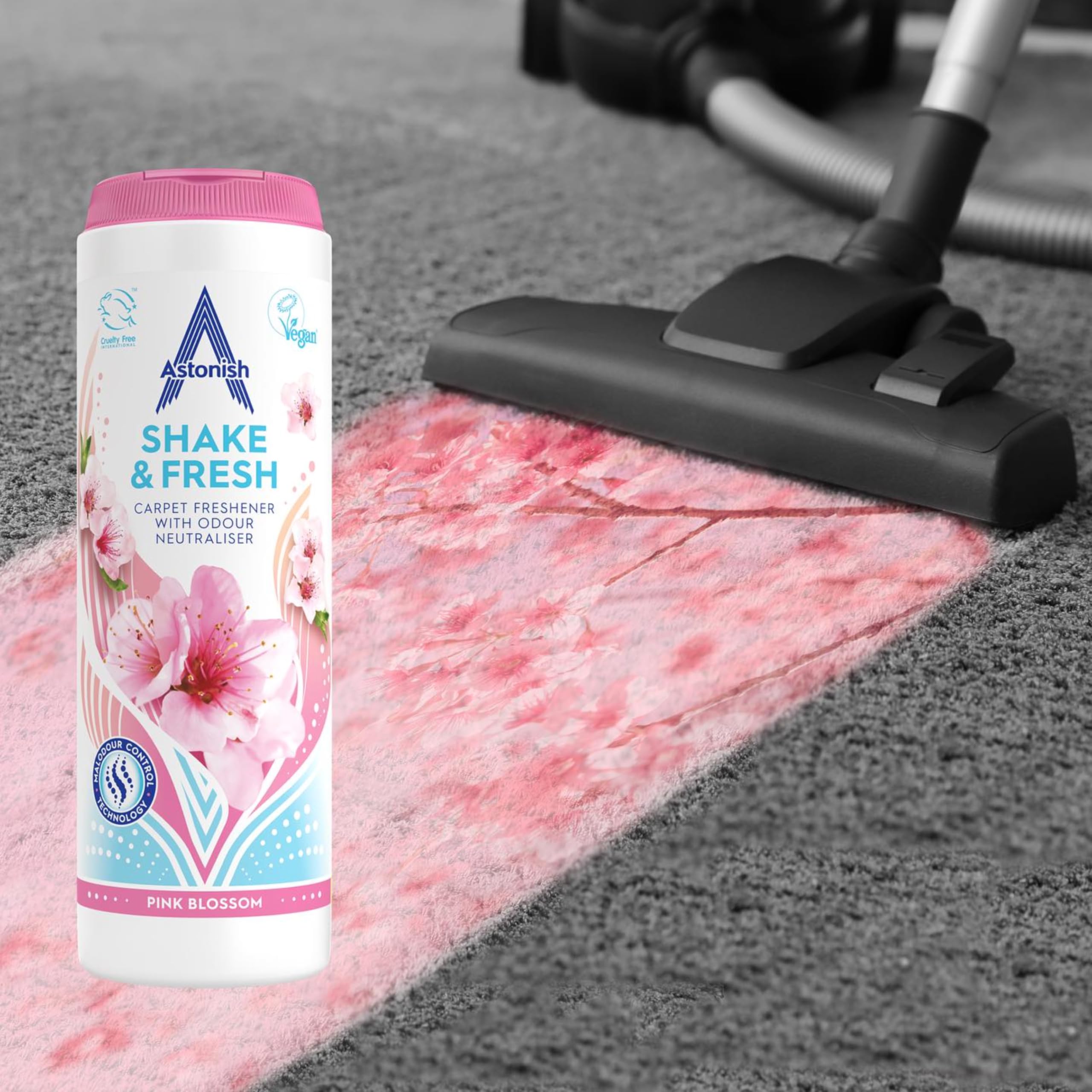 Astonish Shake & Fresh - Ambientador para alfombras, elimina olores, flor rosa, 350 g