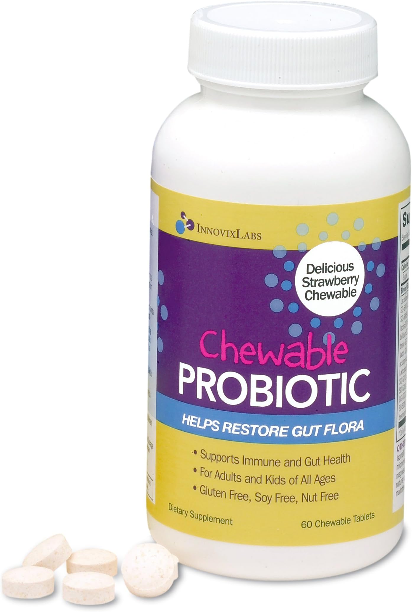 Chewable PROBIOTIC (by InnovixLabs). Broad Spectrum Probiotic. Sugar-Free, Gluten-Free, Soy-Free. 60 Delicious Strawberry Chewable Tablets.