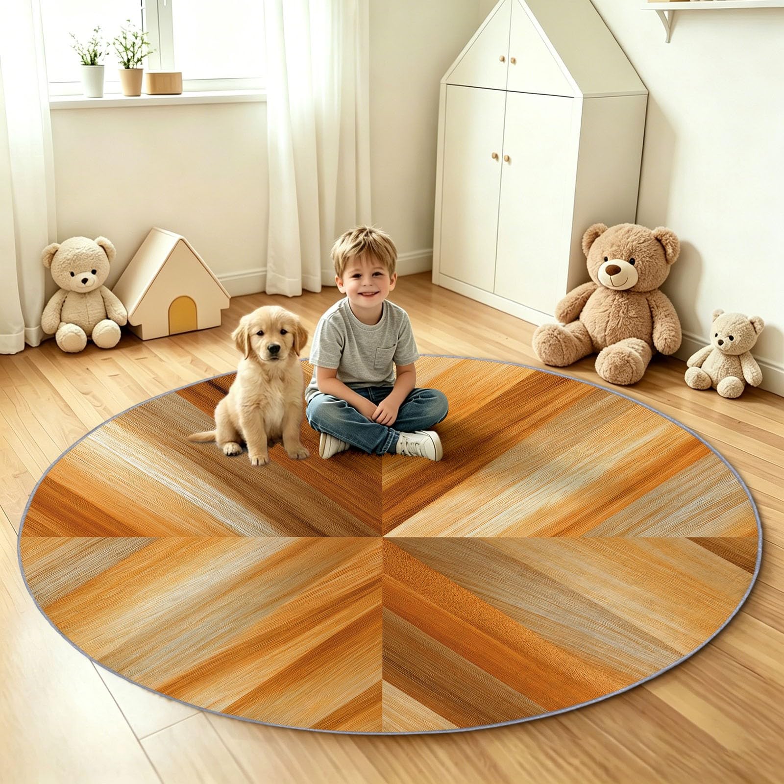 Tapis Rond Lavable en Machine pour Enfants 100 cm, Poils Doux et Facile à Entretenir Campagne Naturelle Interieur Chambre à Coucher Salon Bureau Tapis Antidérapant Couleurs Résistantes Texture Bois