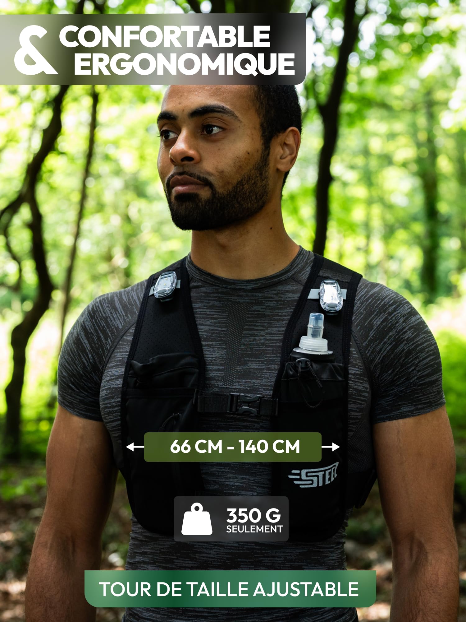 Gilet Running d'hydratation Réfléchissant LED Recheargeable, Porte-Bouteille d'eau, Ajustable, Gilet léger, Gourde d'hydratation de 500 ML pour randonnée, Trail