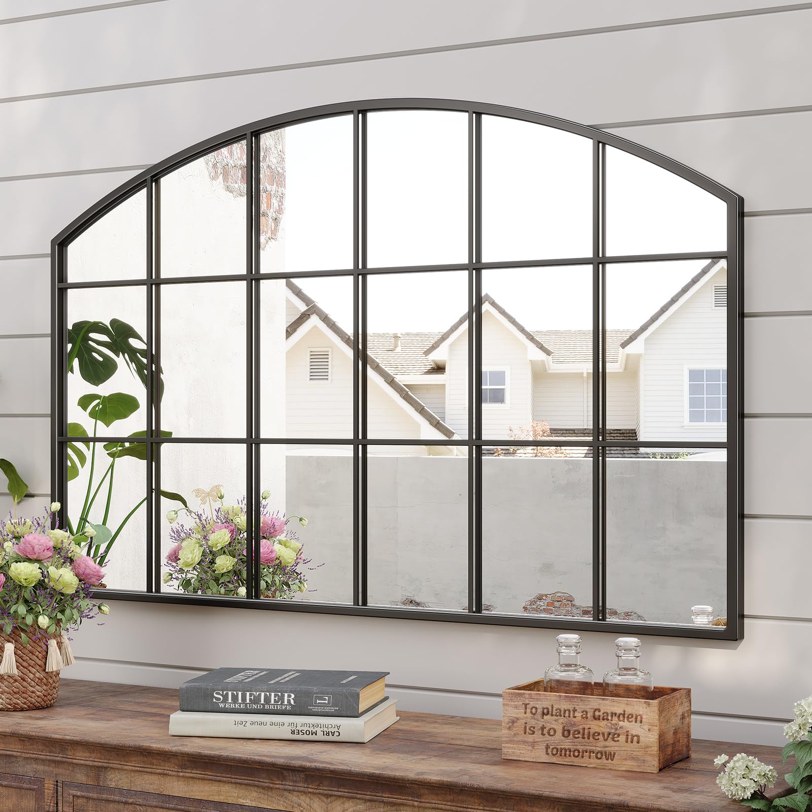 Brauthon Wide Window Pane Mirror, 44" x 28" Black Arched Mirror for Wall, Grid Large Decorative Wall Mirrors for Living Room Bedroom Farmhouse