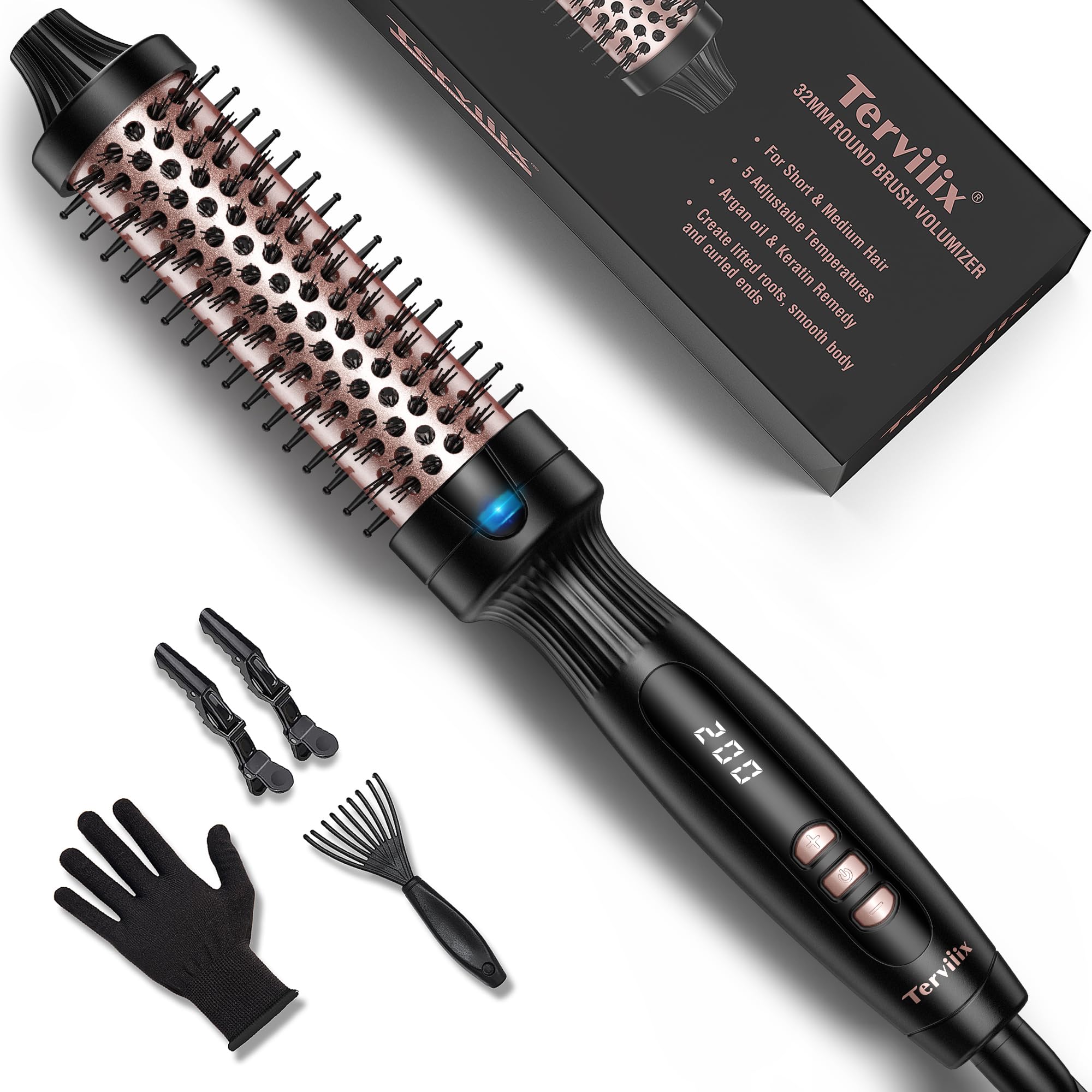 Terviiix cepillo de pelo caliente, queratina proteger barril calentado cepillo térmico, iónico suave brillo volumizar peine, doble voltaje alisador de pelo rizador herramienta de peinado 32mm