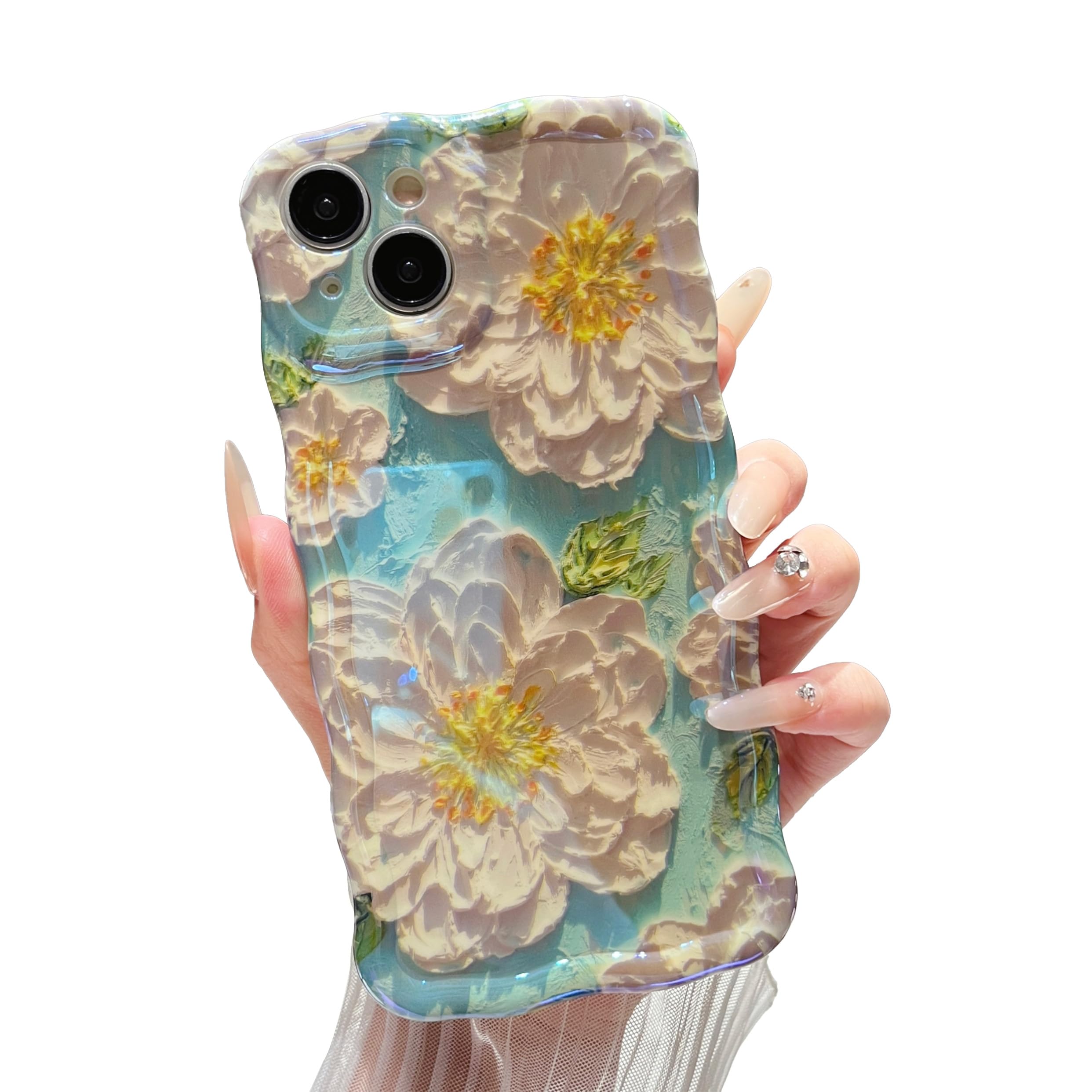 XIZYO Colorful Retro Oil Painting Flower Case for iPhone 13, Curly Wave Frame Laser Glossy Cute Floral Aesthetic Phone Case
