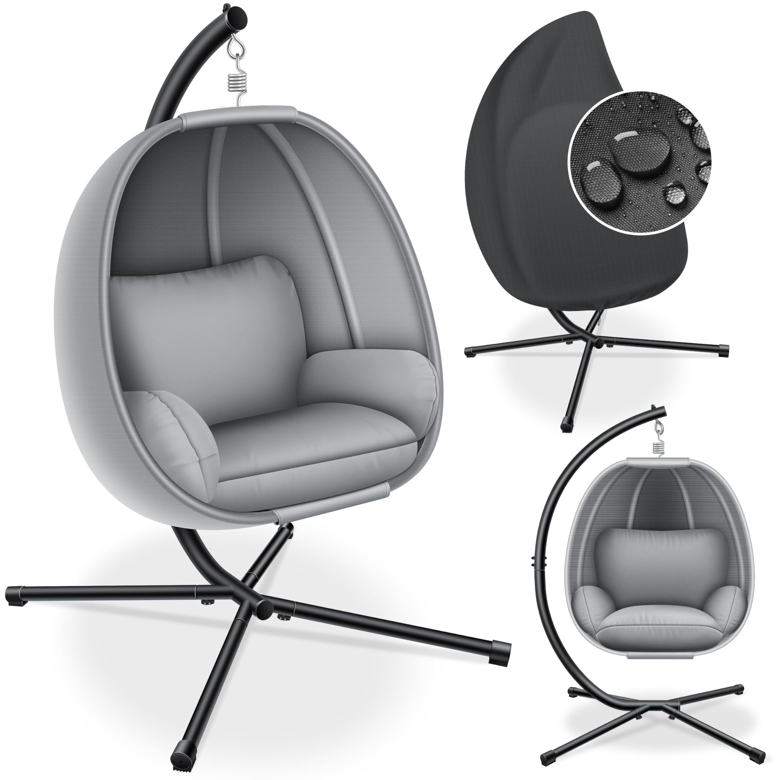 KESSER® Luxe Hängesessel mit Gestell + weiches Sitzkissen und Abdeckung, Seitenpolsterung, Rückenkissen Hängekorb Indoor & Outdoor, Garten Schaukel Hängestuhl Stabiler Standfuß, max. 150 kg Grau