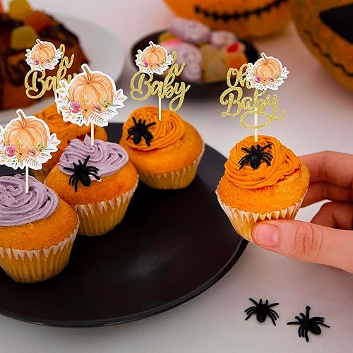 Miniatura 6 de Rsstarxi Paquete de 24 adornos para cupcakes de calabaza Oh Baby Shower para decoración de cupcakes para calabaza, cosecha de otoño, Acción de