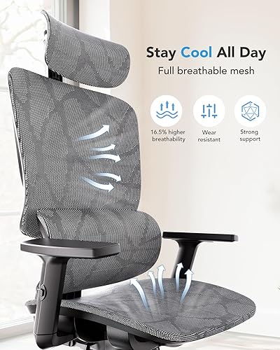 Miniatura 6 de HUANUO Silla de oficina ergonómica de malla con soporte lumbar de 5 niveles, silla de juegos para computadora con reposacabezas y reposabrazos