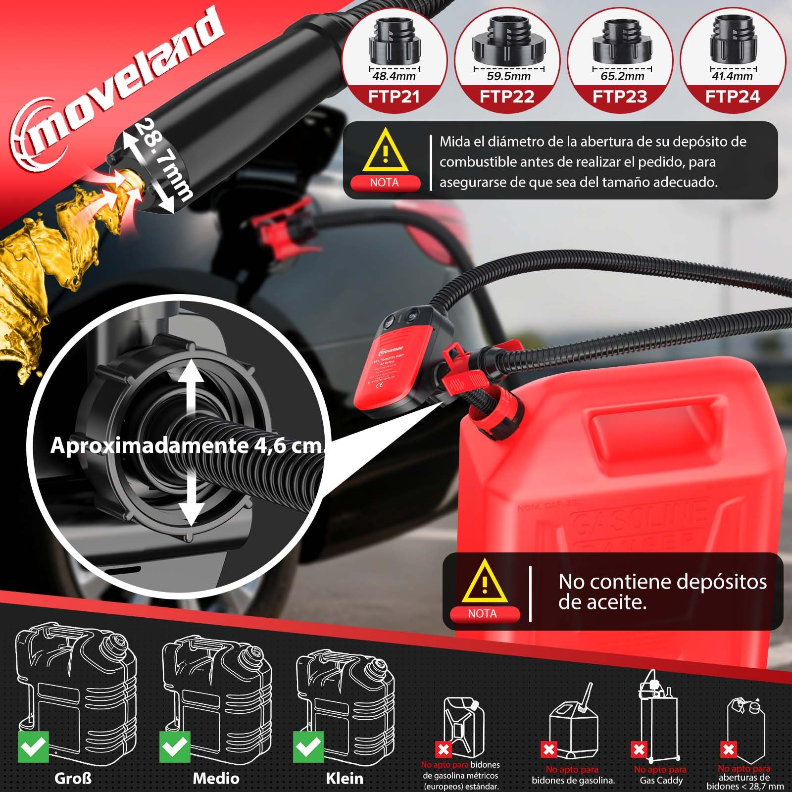 moveland Bomba de Combustible Eléctrica - Eficiente y Segura para Bidones, con Sensor Anti-Desbordamiento, 4 Adaptadores y Manguera de 2.2 GPM