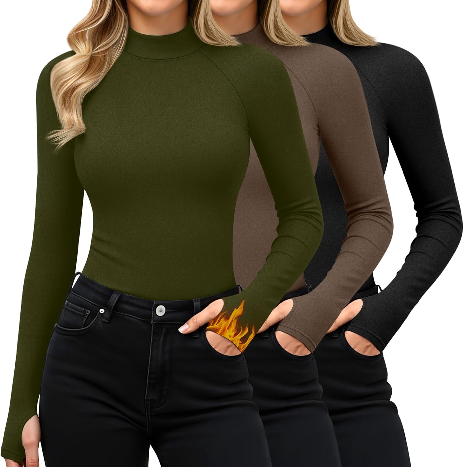 3 Pack Women's Mock Turtleneck Tops Long Sleeve Shirts Basic Thermal Underwear with Thumb Hole Winter Pullover Top