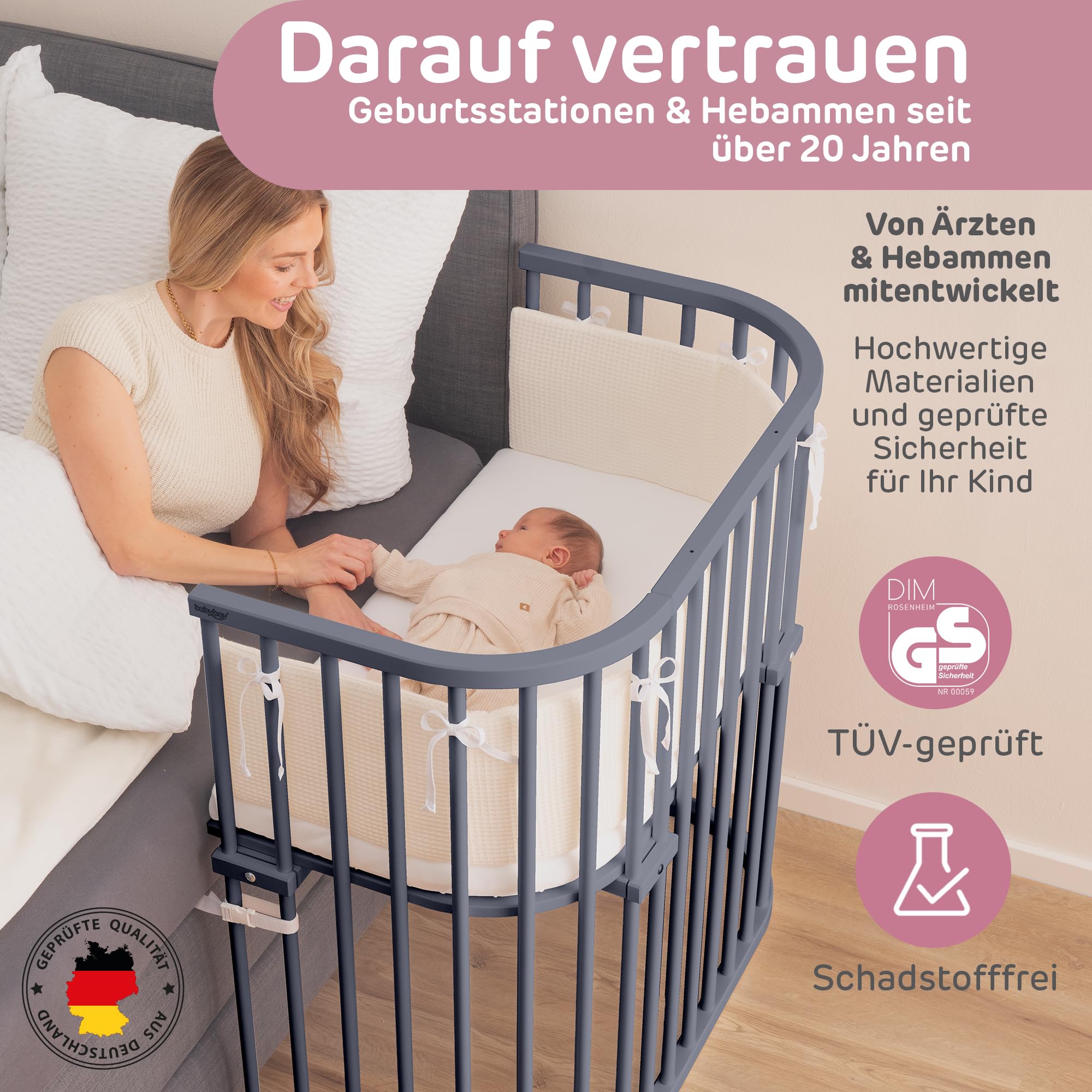 babybay Boxspring XXL łóżeczko dostawne, lakierowane na kolor szary, komplet łóżeczka dziecięcego