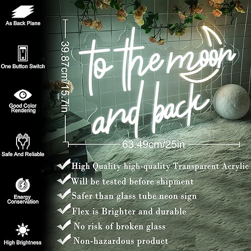 Miniatura 4 de Letrero de neón con texto en inglés "To The Moon and Back", decoración de luna, propuesta de boda, letrero grande con luz LED para decoración de