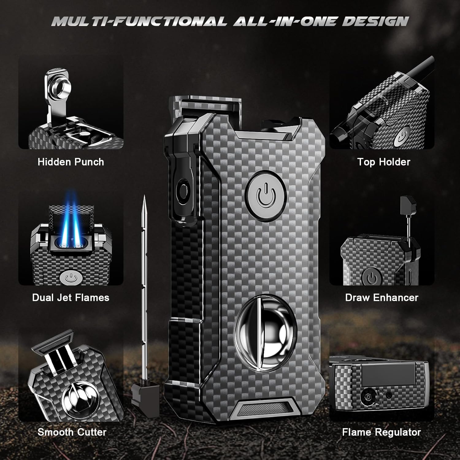 5-in-1 Torch Lighter with Cutter, Punch, Holder, and Draw Enhancer Tool, Adjustable Dual Jet Flames, Trendy Gift for Men, Refillable Butane Lighter, Rechargeable Lighters for Candle, Travel Outdoors