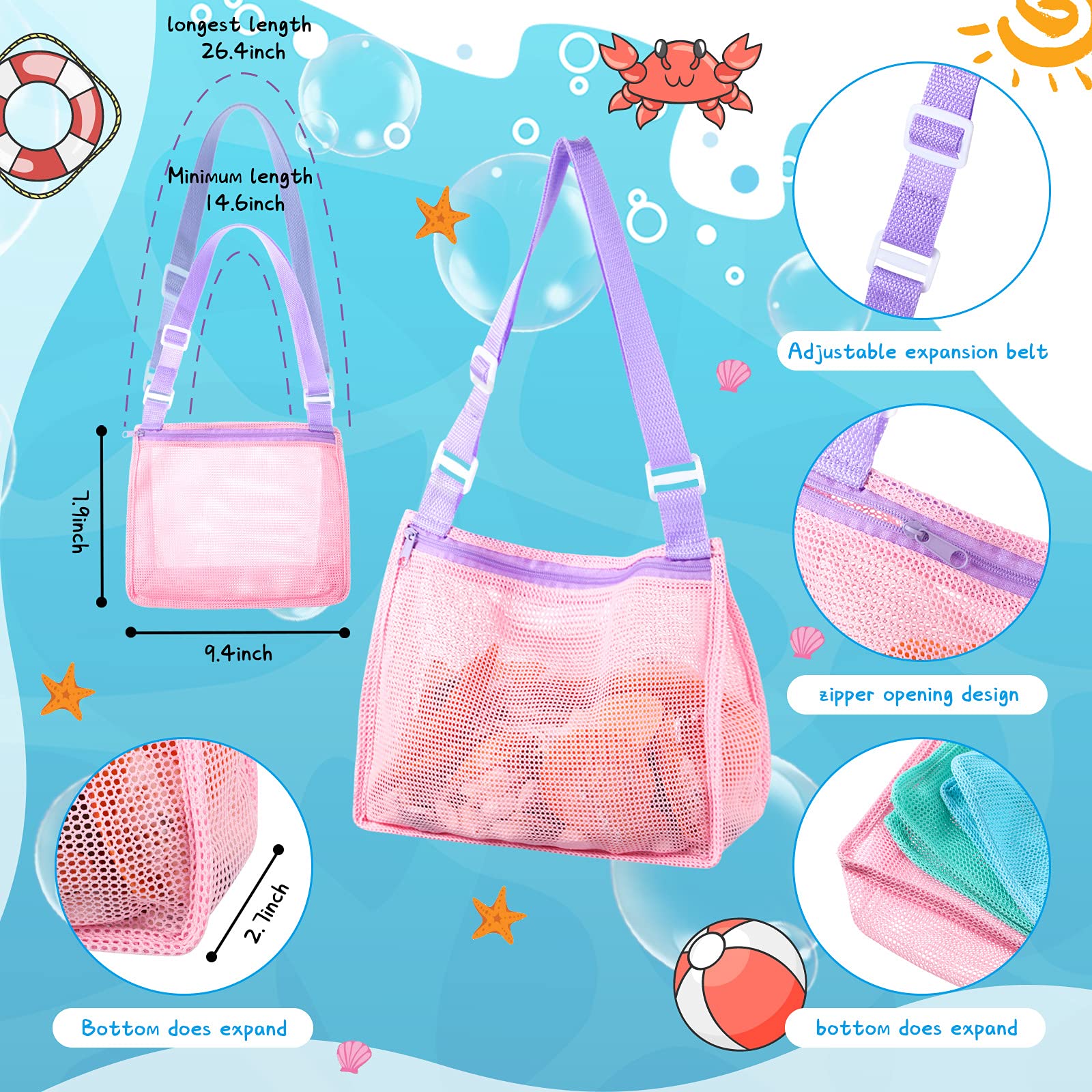 Mesh strandtas | Kleurrijke schelp verzameltas | Opvouwbare