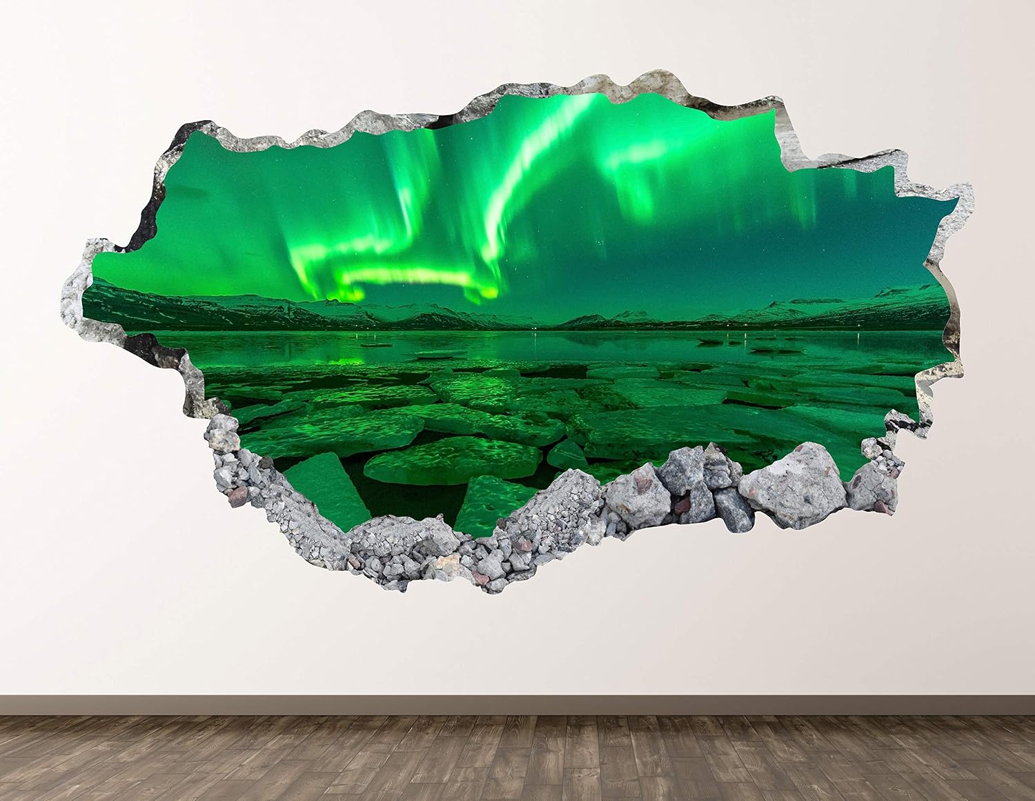 Iceland Green Lights Wall Decal Art Decor 3D Smashed Aurora Borealis Sticker Poster Kids Room Mural Custom Gift BL510 (70"W x 40"H)