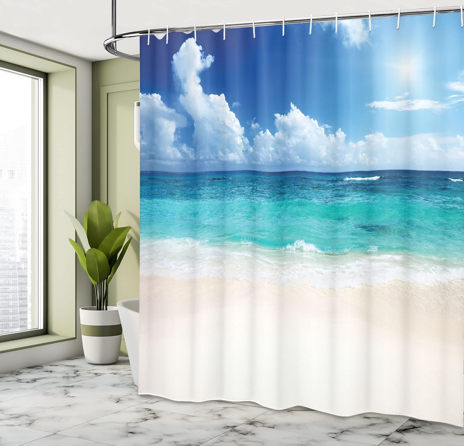 Ambesonne Ocean Shower Curtain, A Paradise Beach in Caribbean Sea with Exotic and Tropical Sky Sun Calm and Hot Weather Art, Cloth Fabric Bathroom Decor Set with Hooks, 69" W x 84" L, Turquoise Cream
