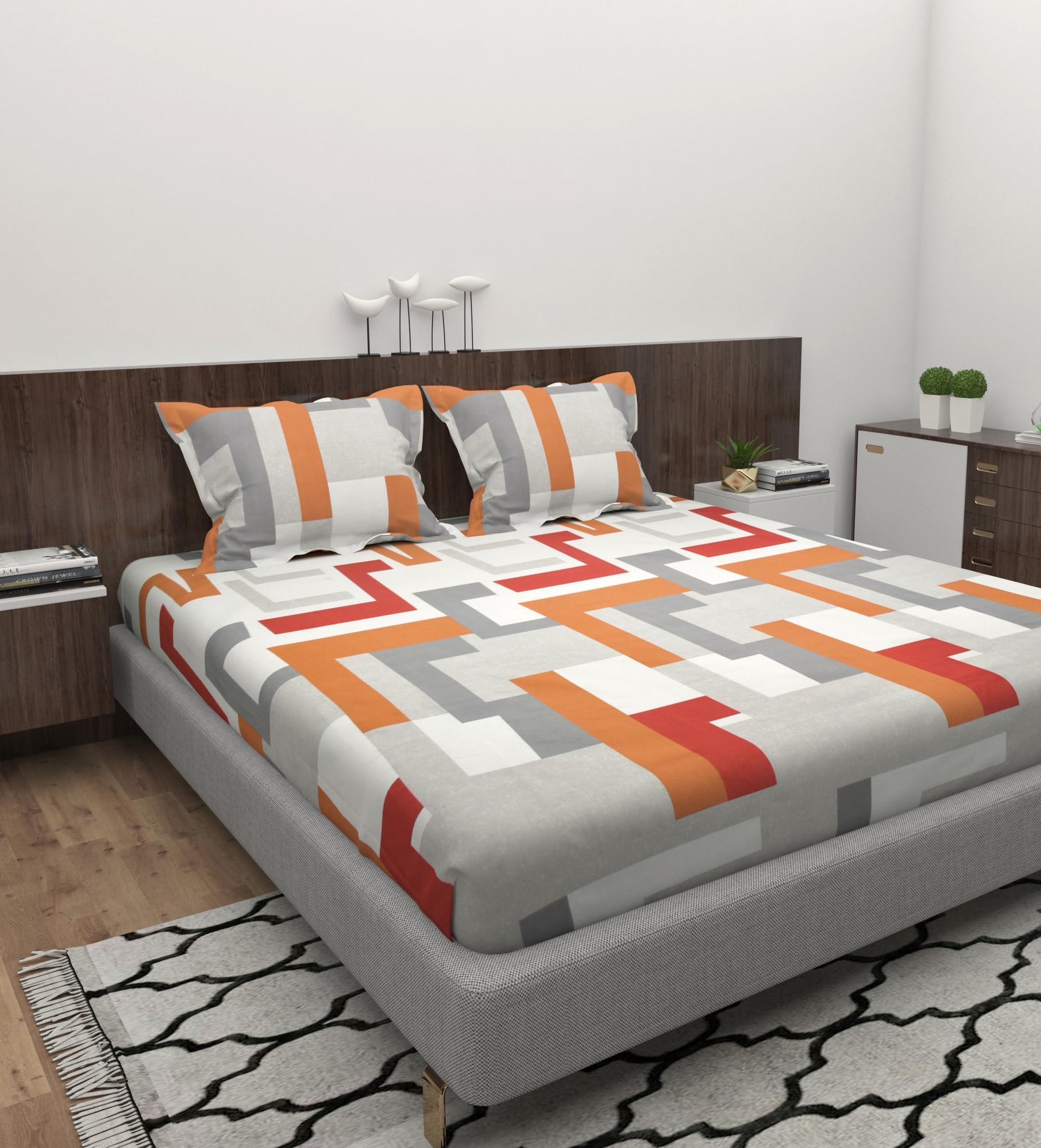 EVERLUSH 210 TC Cotton Feel Glace Cotton All Around Elastic Fitted Bedsheets, Bedsheet Double Size, Bedsheet for Double Bed Elastic Fitted with 2 Pillow Covers, Size-60x78x8 Inches, (Grey Orange Line) (B0D7Q94JGN) Amazon Price History, Amazon Price Tracker
