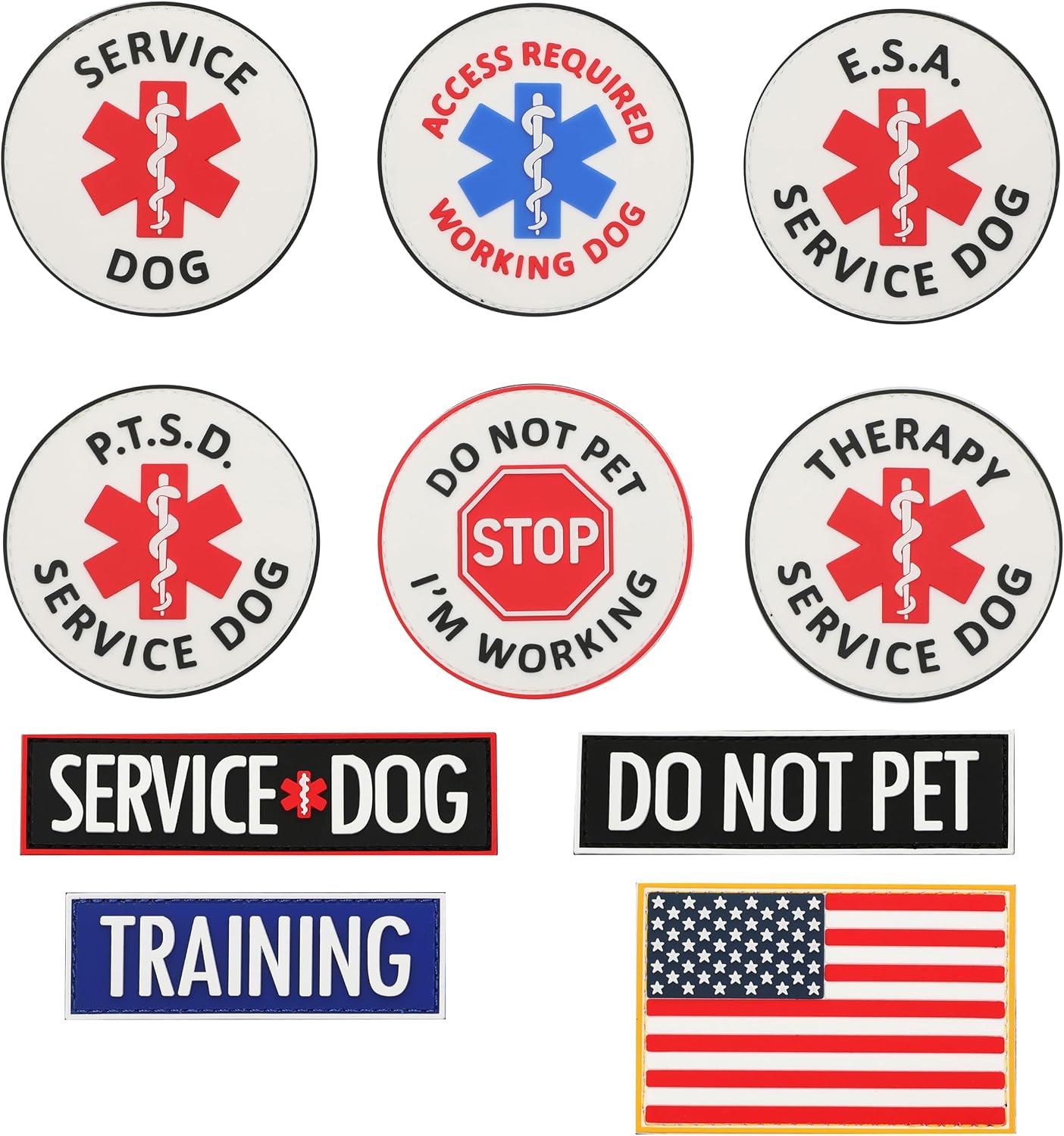 Tacticollar - 10 Pieces (PVC Rubber) Service Dog Patches with Hook and Loop, for Emotional Support Dog Vest, and Service Dog Harness and Vest
