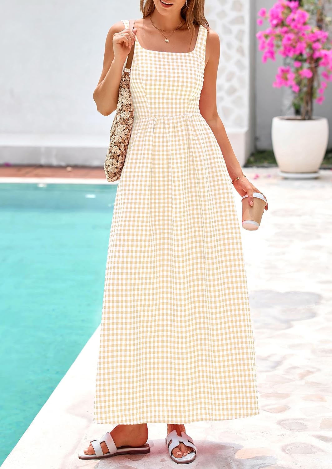 PRETTYGARDEN Women's 2026 Summer Spaghetti Strap Maxi Dresses Plaid Square Neck A Line Casual Beach Vacation Long Sundress - Image 6