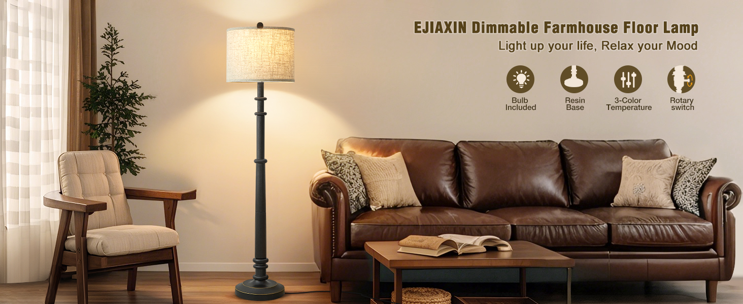 Image of EJIAXIN Floor Lamps for Living Room - 60 inch Farmhouse Floor Lamp with Adjustable Color Temperatures - Vintage Standing Lamp Reading Light with Linen Shade Retro Tall Lamp for Bedroom Office, Black
