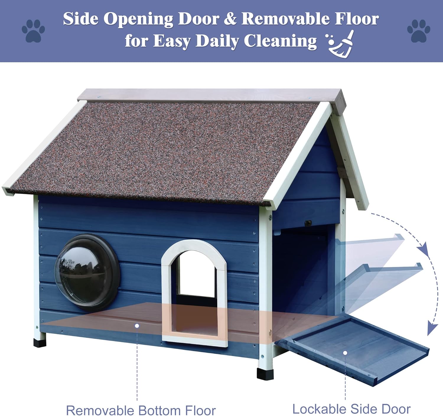 Deblue Weatherproof Cat House for Feral Cats, Cat House for Outdoor Cats, Unique Wooden Outside Cat Shelter with Escape Door, Clear Window and Attic-Blue
