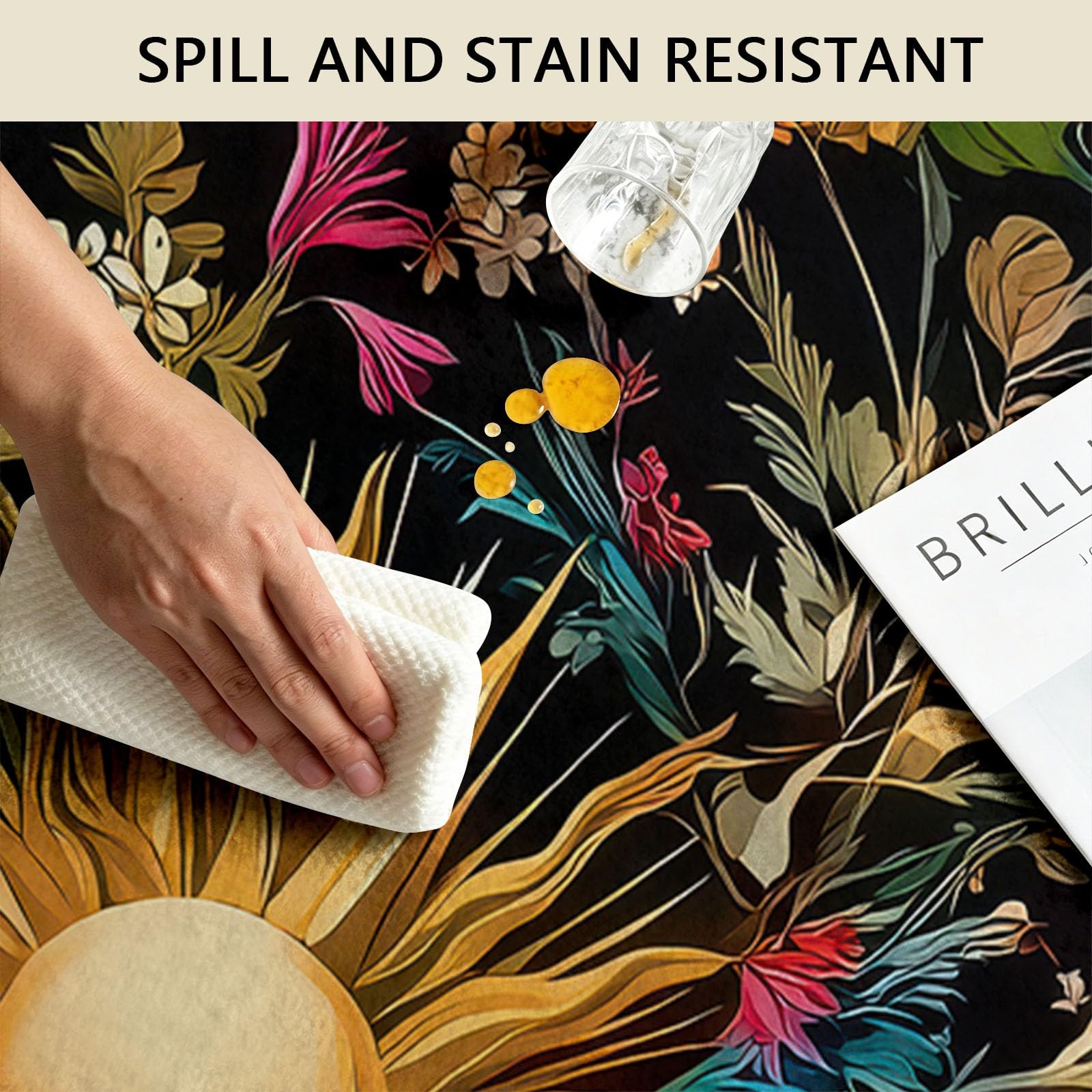 Générique Tapis Salon Rond Noir 100 cm, Bohème Lavable en Machine et Antidérapant Moquette, Extra Doux Tapis Soleil Lune Fleurs pour Chambre à Coucher, Salle à Manger, Salle de Jeux