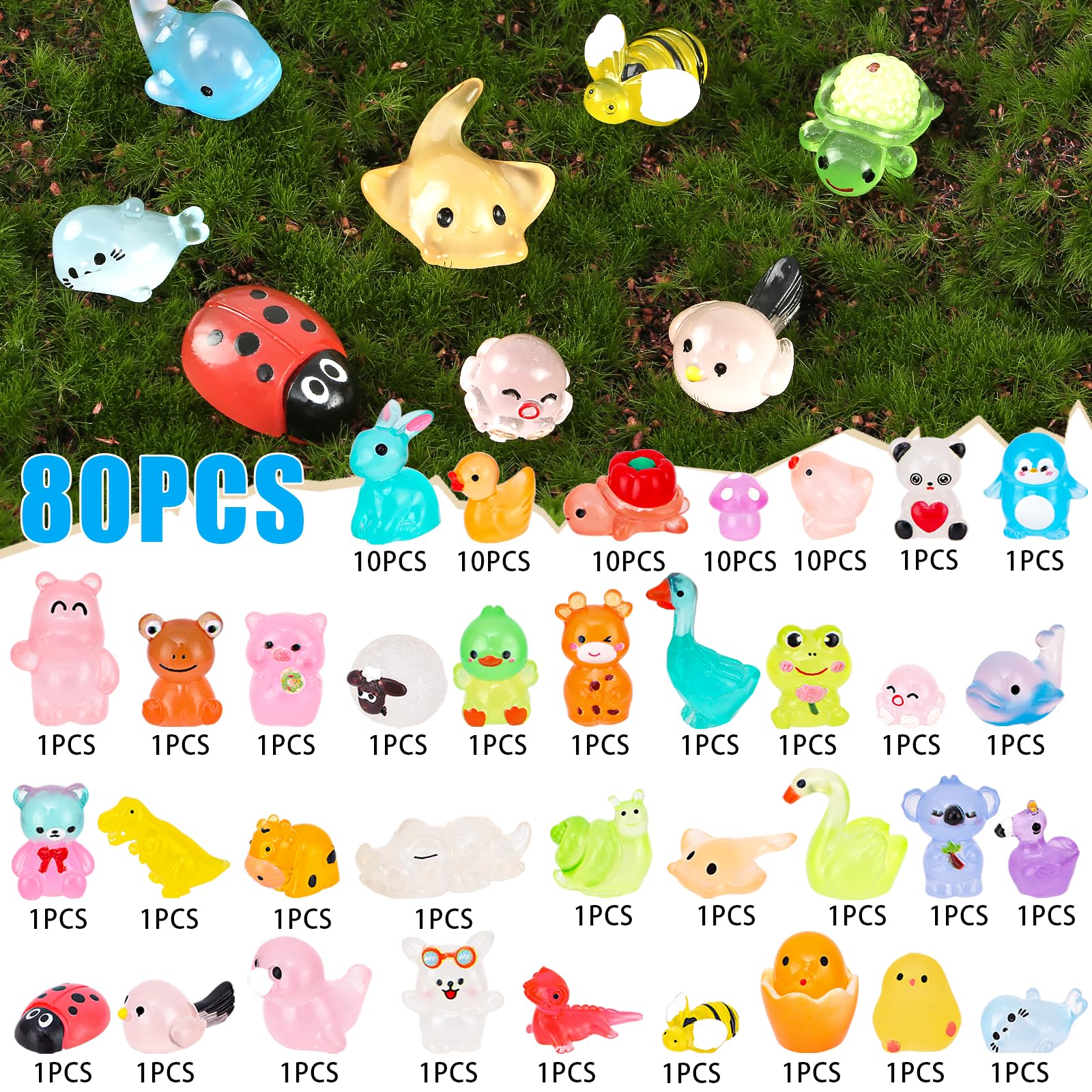 RZCOMP 80PCS Mini Resin Animals Luminous 35 Styles Cute Tiny Resin Animals Mixed Glow in the Dark for Micro Landscape Fish Tank Potted Fairy Garden Aquarium Dollhouse Decor - Image 3