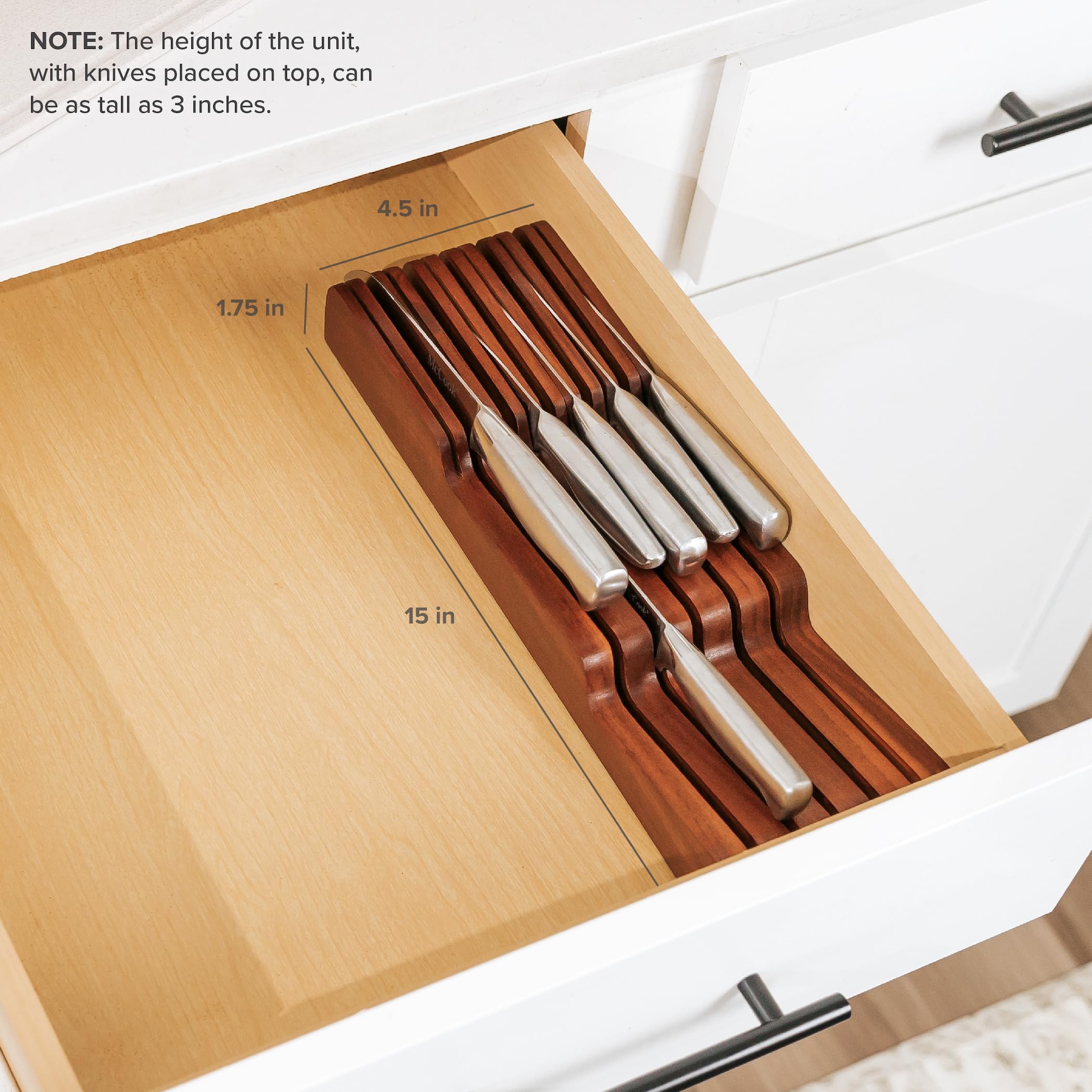 Organizer per coltelli da cucina in legno di acacia per 5 coltelli lunghi + 6 coltelli corti (non incluse), adatto per la maggior parte delle dimensioni di coltelli, piedini in gomma, lavorazione