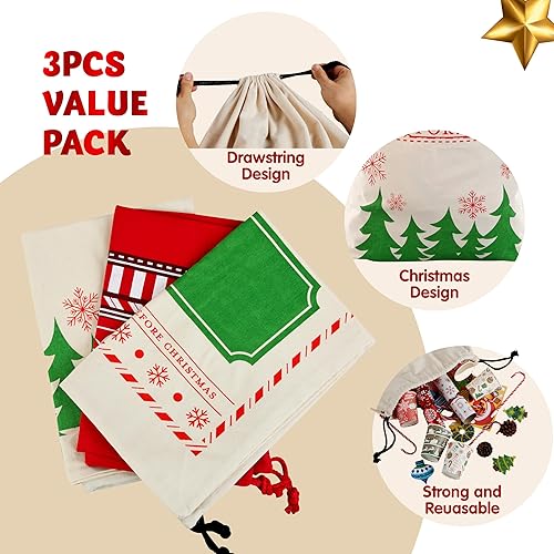 Miniatura 5 de JOYIN 3 bolsas de arpillera de Papá Noel con cordón de Navidad de 26 x 19 pulgadas, bolsa de regalo de lona grande reutilizable personalizada para