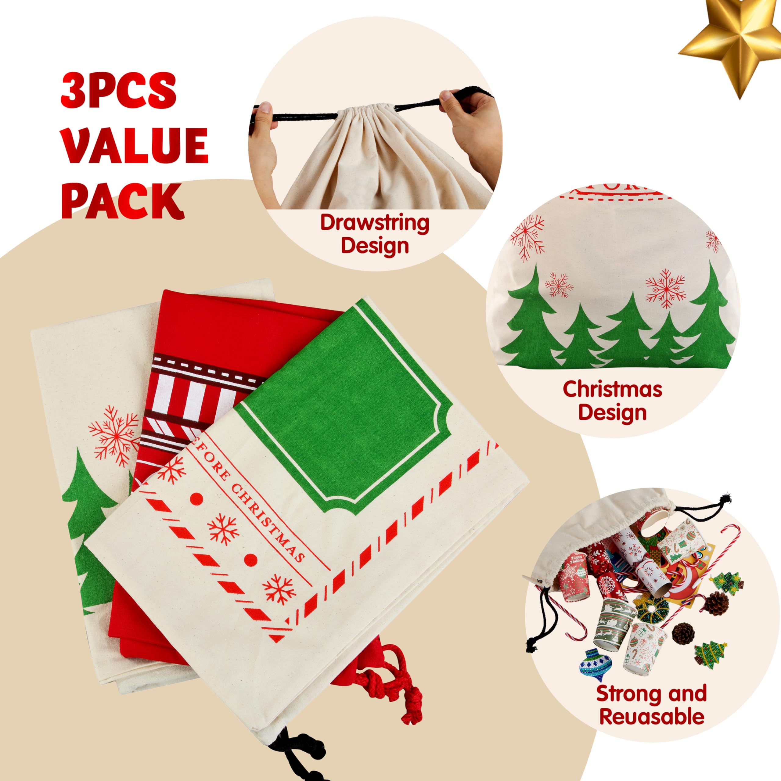 JOYIN 3 Paquetes de Bolsas de Regalo para Navidad, Saco de Arpillera de Papá Noel con Cordón de 66 x 48 cm para Almacenamiento de Paquetes Grandes de Navidad