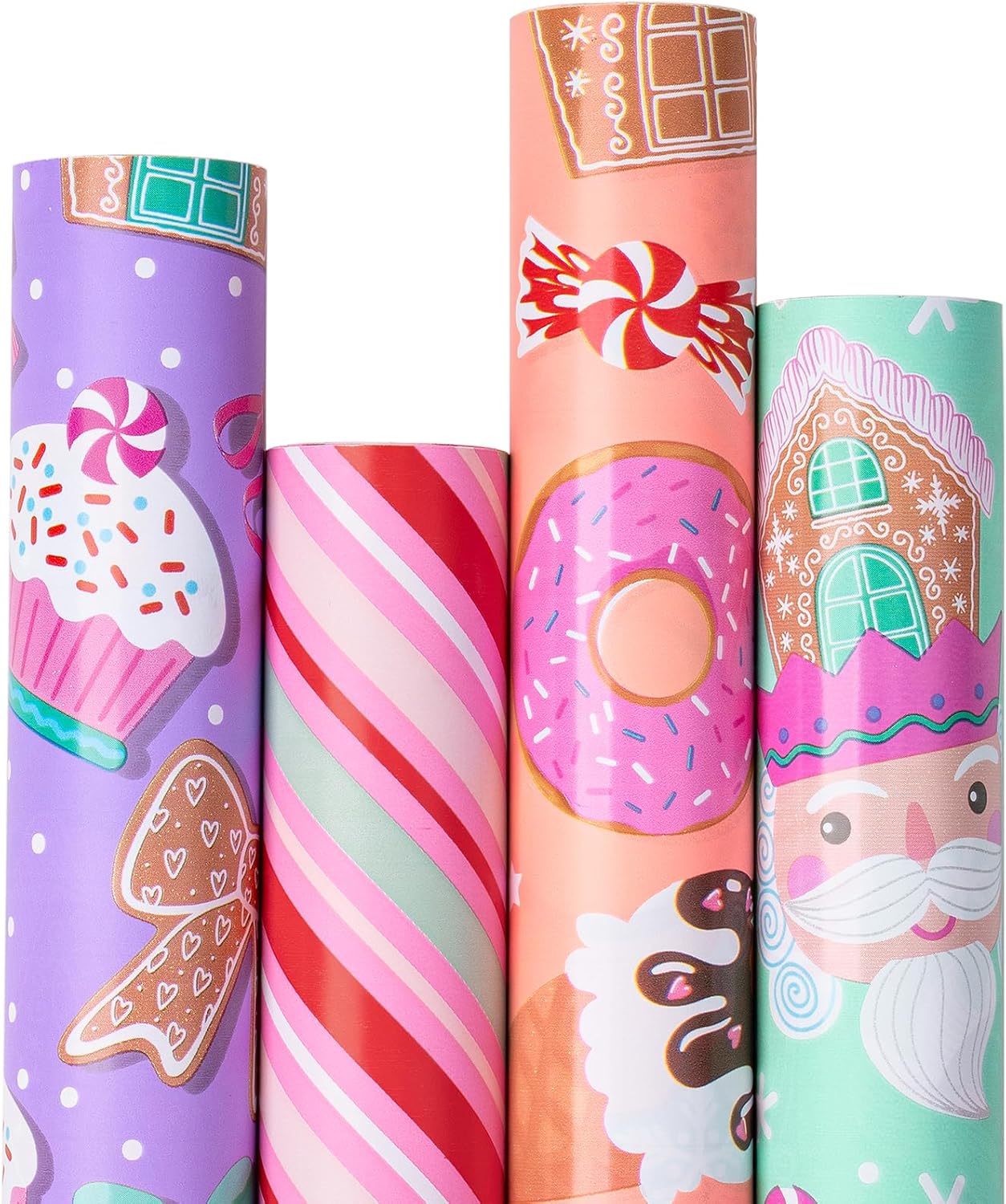 RUSPEPA Pink Christmas Wrapping Paper Set for Kids Girls, Jumbo Roll, Cute Santa, Gingerbread House, Candy and Donut Patterns Perfect for Holiday Gifts, Party, 4 Rolls, 30 inches x 10 feet per Roll Gingerbread Cookies