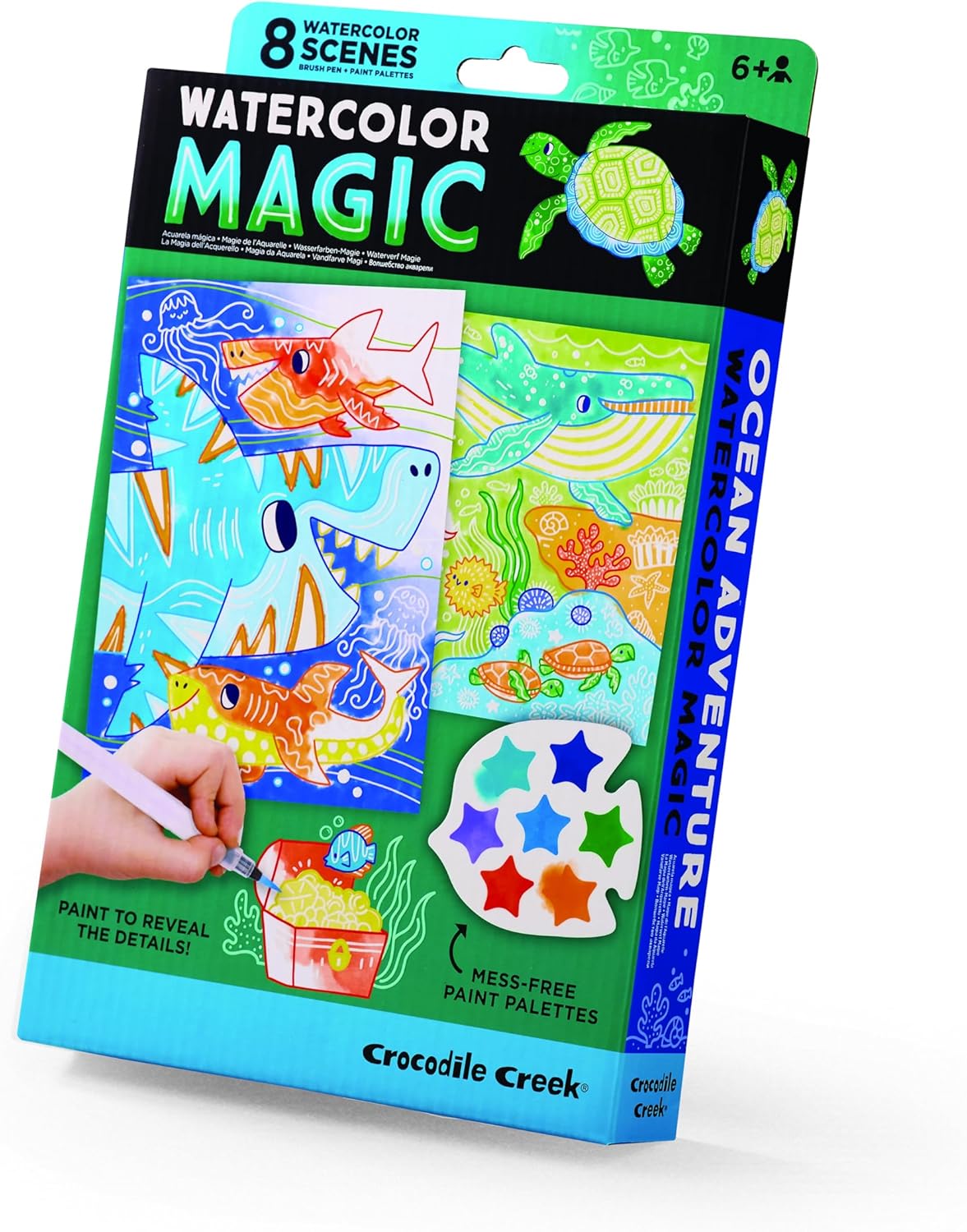 Crocodile Creek Ocean Adventure Watercolor Magic Paint Set for Kids Ages 6 and Up - Includes 8 Water-Reveal Scenes, 8 Mess-Free Painting Palettes, and Water Brush Pen - Art Supplies for Kids