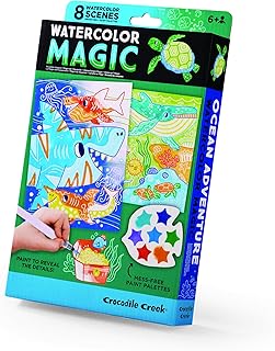Crocodile Creek Ocean Adventure Watercolor Magic Paint Set for Kids Ages 6 and Up - Includes 8 Water-Reveal Scenes, 8 Mess-Free Painting Palettes, and Water Brush Pen - Art Supplies for Kids