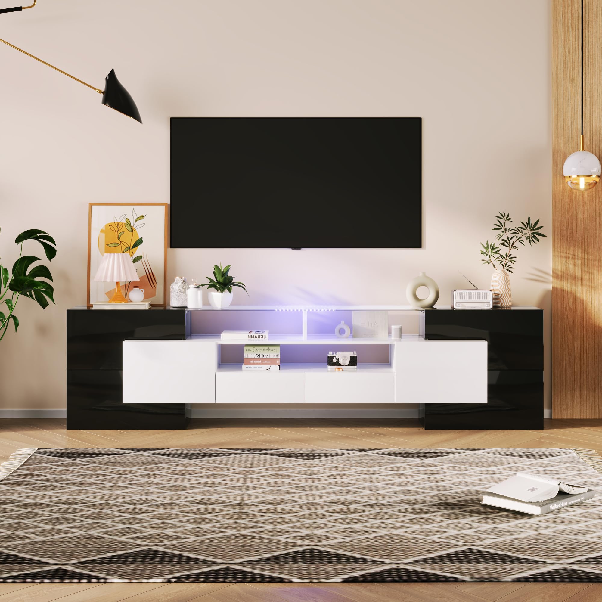 Mueble para TV de 200 cm, elegante mueble para TV, armario bajo de alto brillo con iluminación LED, muebles de salón, diseño moderno, elegante superficie de cristal (negro y blanco, 200 x 35 x