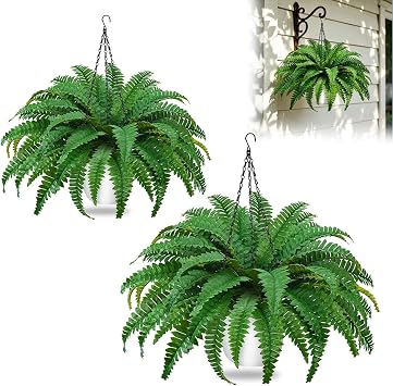 2Pack Artificial Boston Fern Hanging Plant 23.6 UV Resistant Ferns in Pot