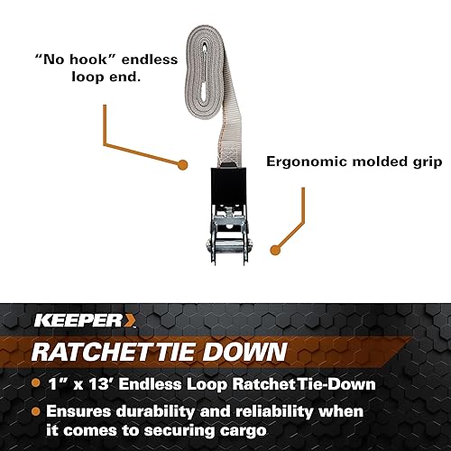 Miniatura 5 de KEEPER  1" x 13' amarre de trinquete de bucle sin fin - 400 libras. Límite de carga de trabajo y 1,200 libras. Resistencia a la rotura