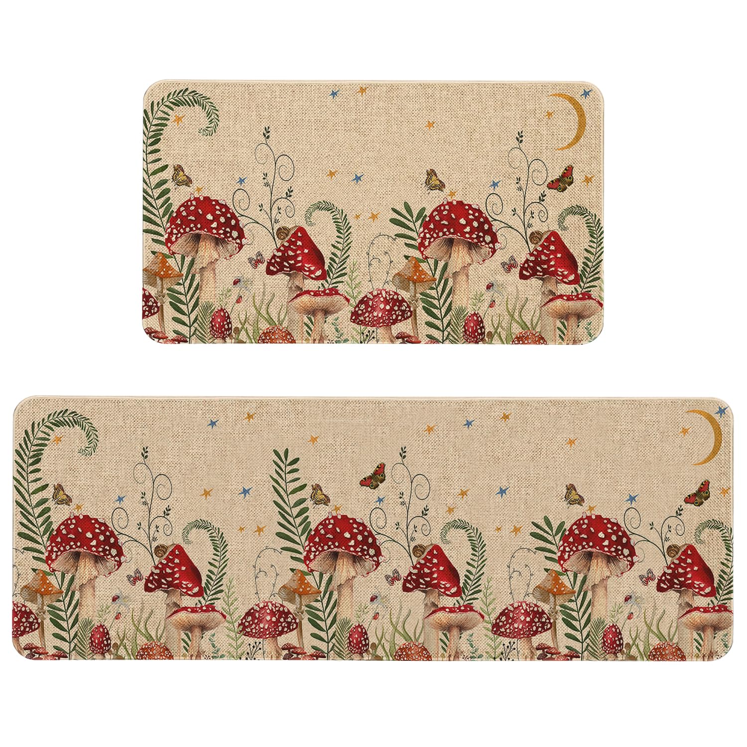 Haretu Farmhouse Mushroom Kitchen Rugs and Mats Set of 2, Seasonal Mushroom Kitchen Rug Non-Slip Washable Floor Mat for Home Kitchen Decor - 17x29 and
