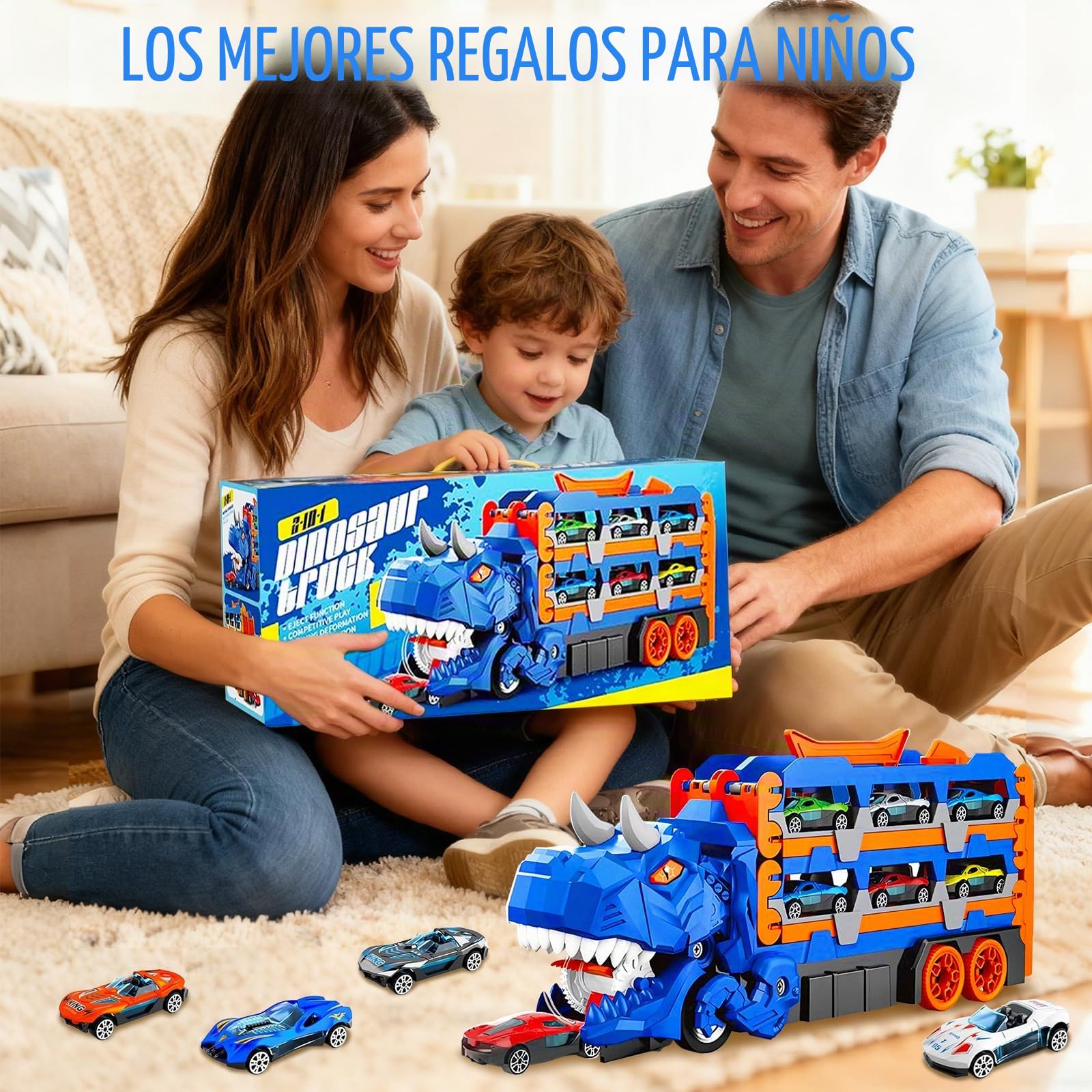 Camión de Transporte de Dinosaurio Juguete para Niños, Juguete 3 en 1 Pista Plegable con Lanzador, Camión Transporte Portátil con 12 Coches de Carreras, Regalo para Niños de 3 4 5 6 7 8 Años