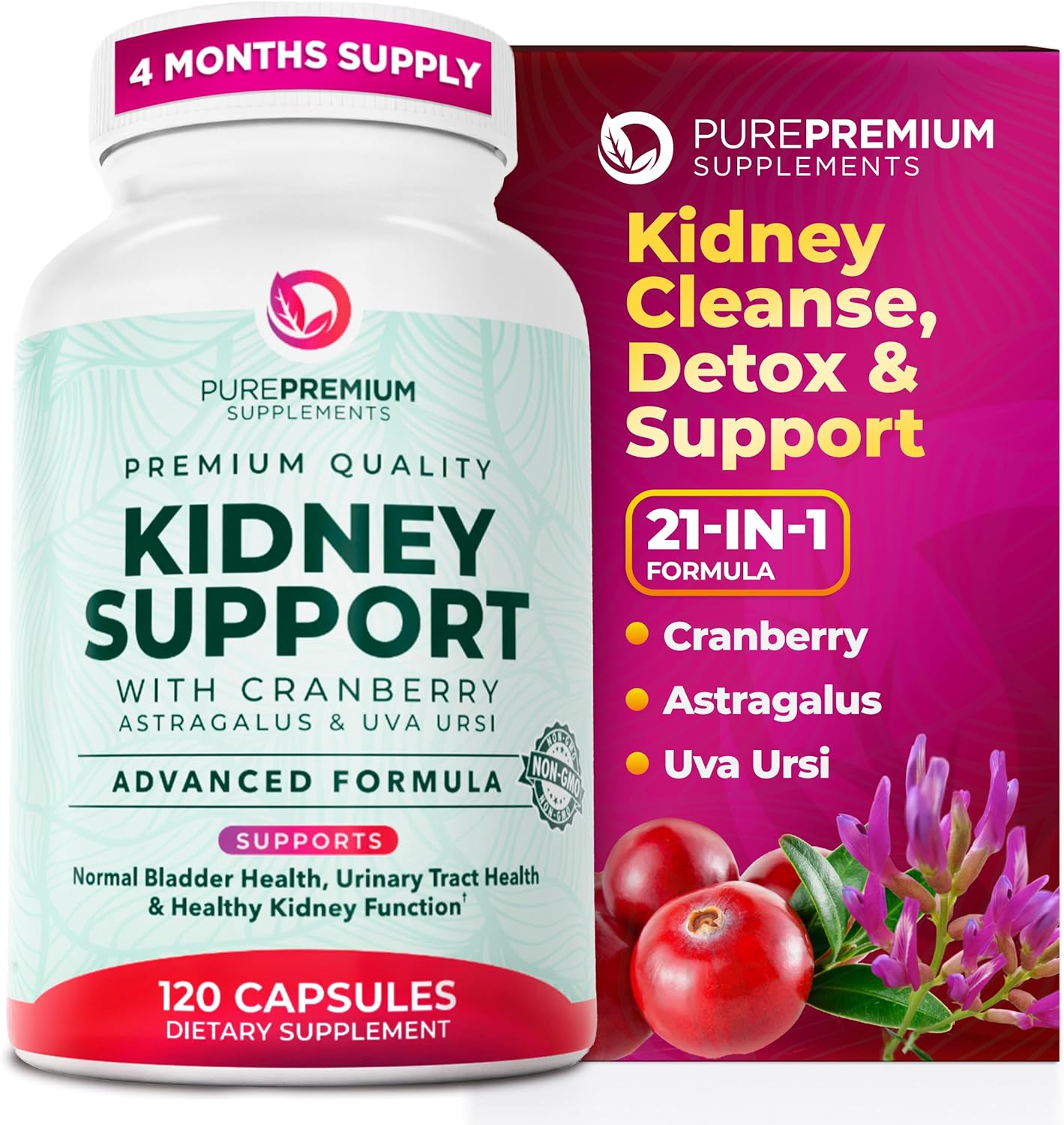 PurePremium Kidney Support Supplement – Kidney Cleanse Detox & Repair with Cranberry Extract & Astragalus - 21-in-1 Complex Supports Normal Bladder, Urinary Tract & Kidneys Health - 120 Day Supply