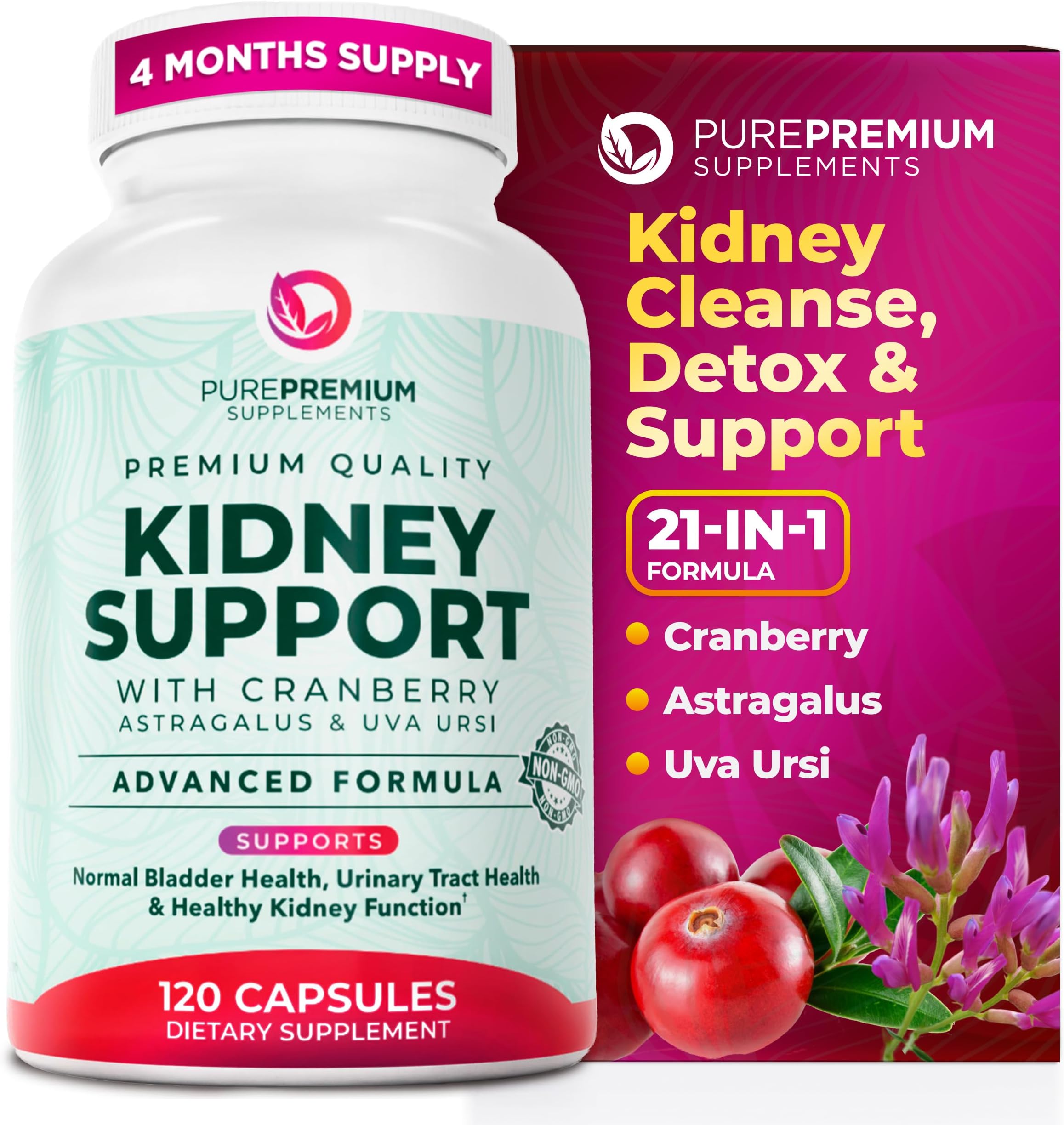 PurePremium Kidney Support Supplement – Kidney Cleanse Detox & Repair with Cranberry Extract & Astragalus - 21-in-1 Complex Supports Normal Bladder, Urinary Tract & Kidneys Health - 120 Day Supply