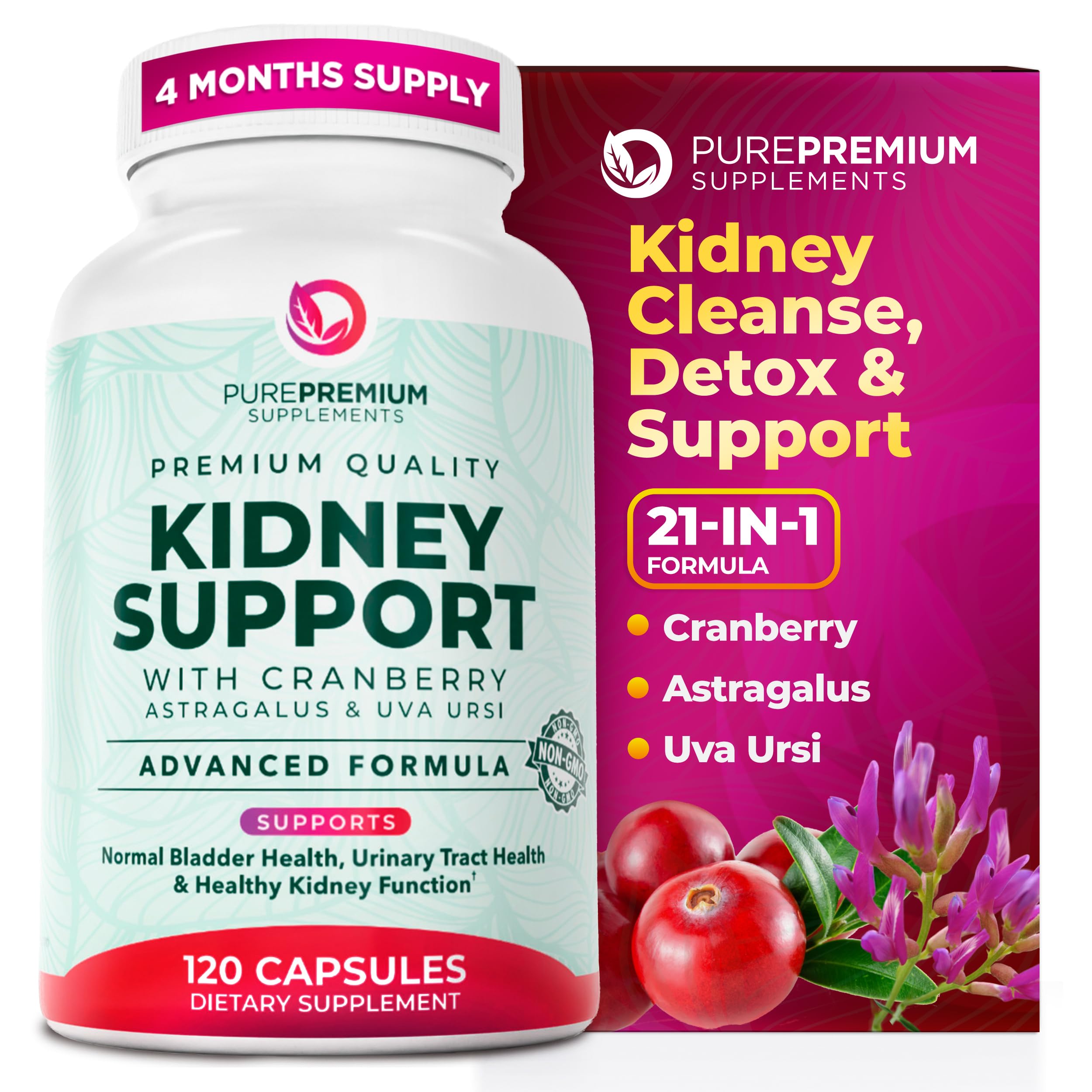 PurePremium Kidney Support Supplement β Kidney Cleanse Detox & Repair with Cranberry Extract & Astragalus - 21-in-1 Complex Supports Normal Bladder, Urinary Tract & Kidneys Health - 120 Day Supply