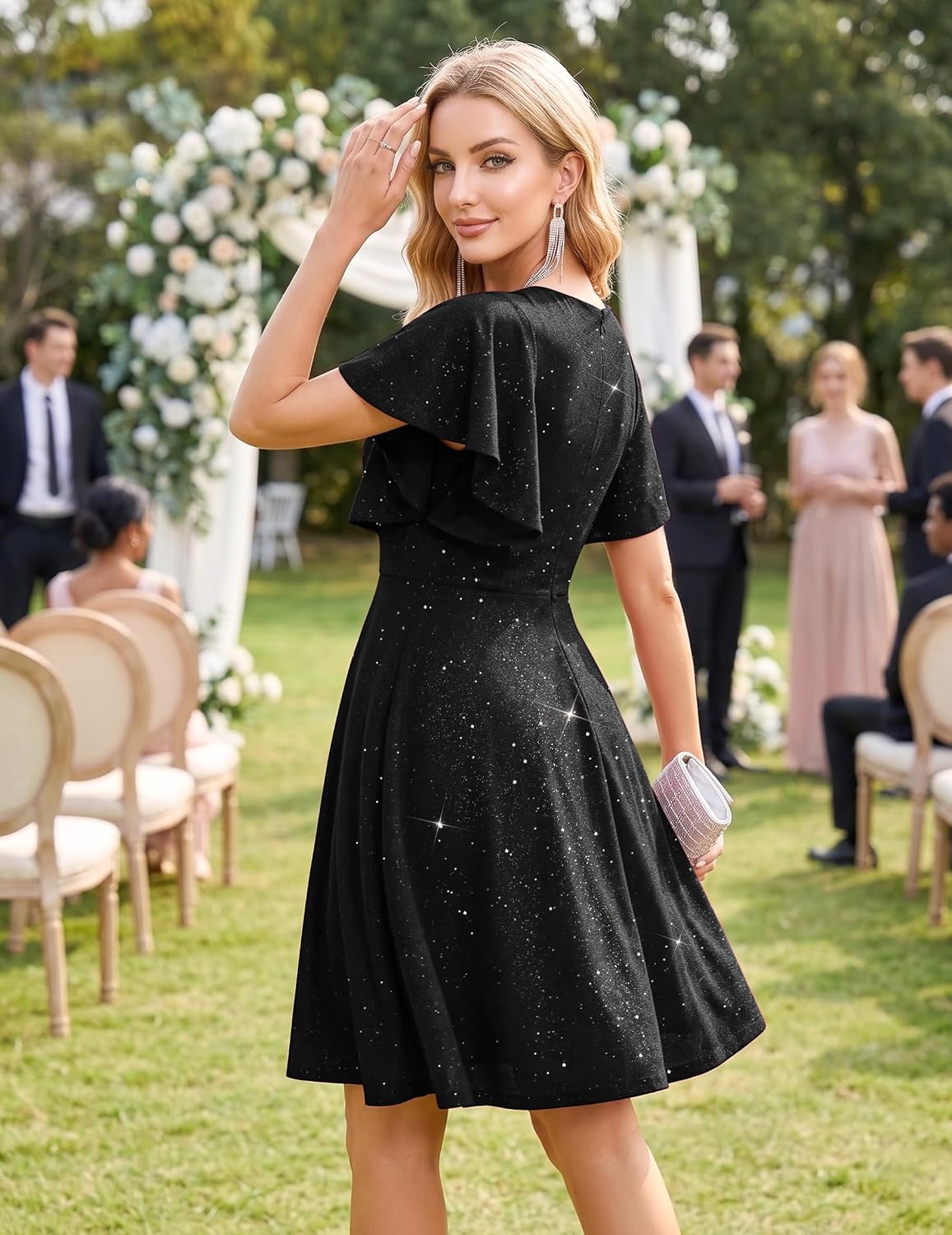 Wedtrend Women's Formal Cocktail Dress Short Ruffle Sleeve Wedding Guest Dress Sparkly Party Dresses