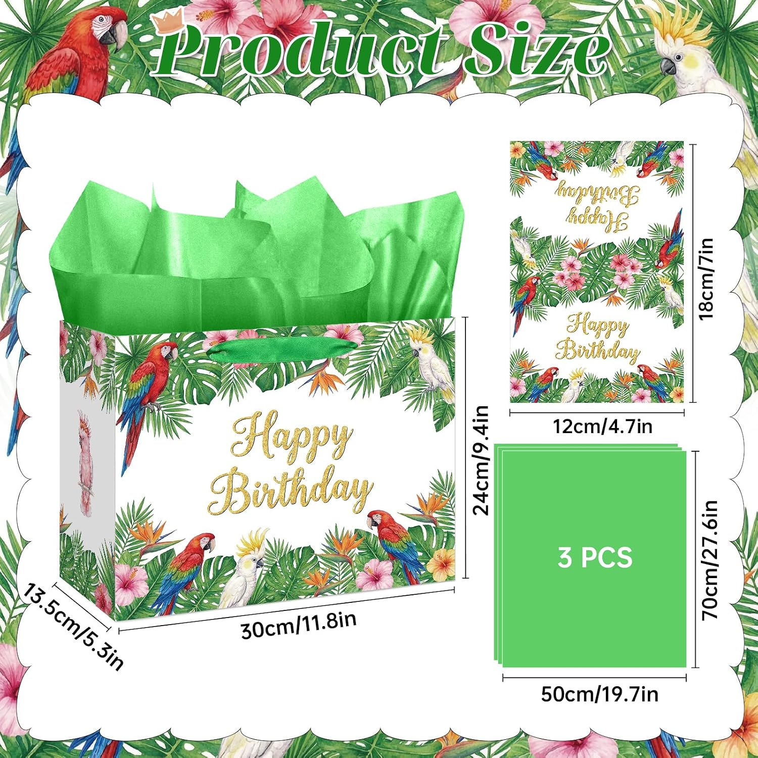 Tropical Bird Gift Bag Parrot Theme Happy Birthday Gift Bag with Greeting Card and Tissue Paper for Luau Party, Hawaiian Floral Party Supplies, Summer Safari Animal Birthday Paper Gift Wrap Bag image 2