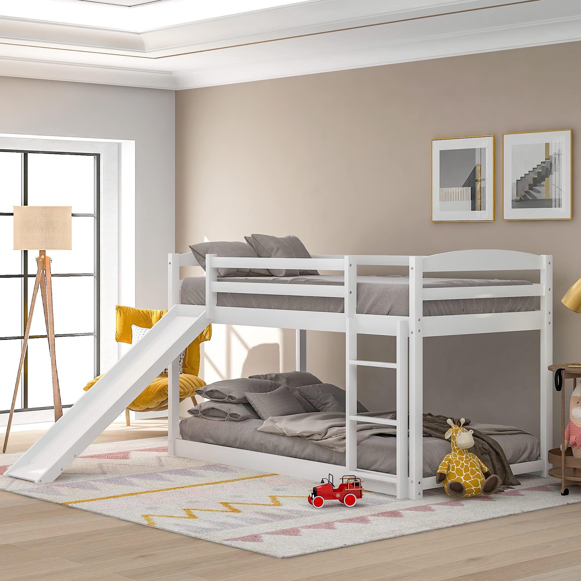 Twin Over Twin Low Bunk Beds with Slide Wood Floor Bunk Bed Frame with Convertible Bottom Bed for Kids Boys Girls, White